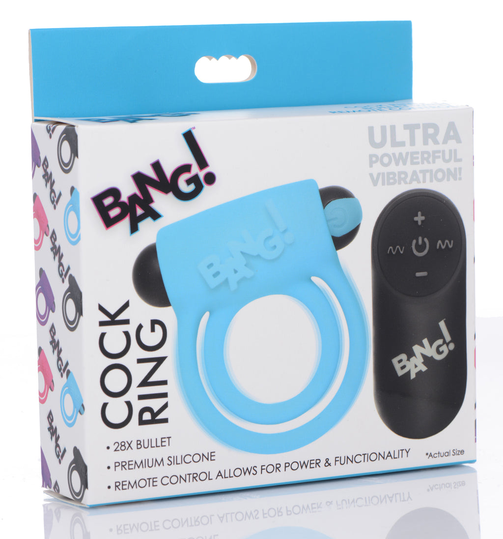 Bang! Remote Control 28X Vibrating Cock Ring and Bullet - Black Blue