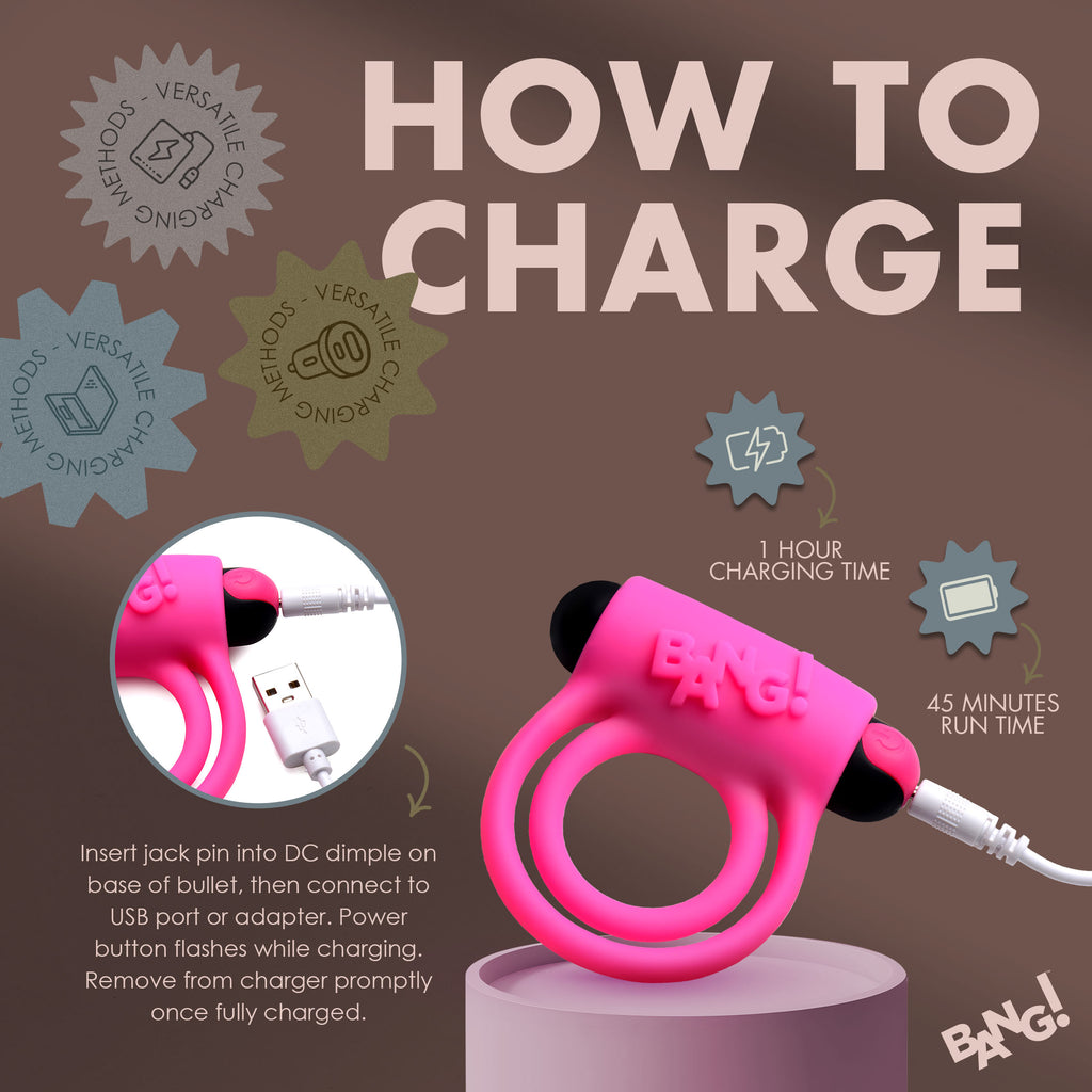 Bang! Remote Control 28X Vibrating Cock Ring and Bullet - Black Pink