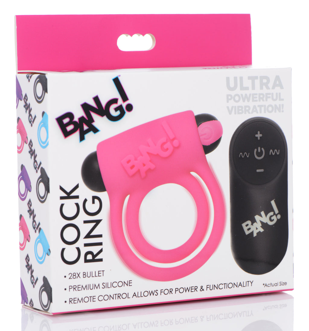 Bang! Remote Control 28X Vibrating Cock Ring and Bullet - Black Pink