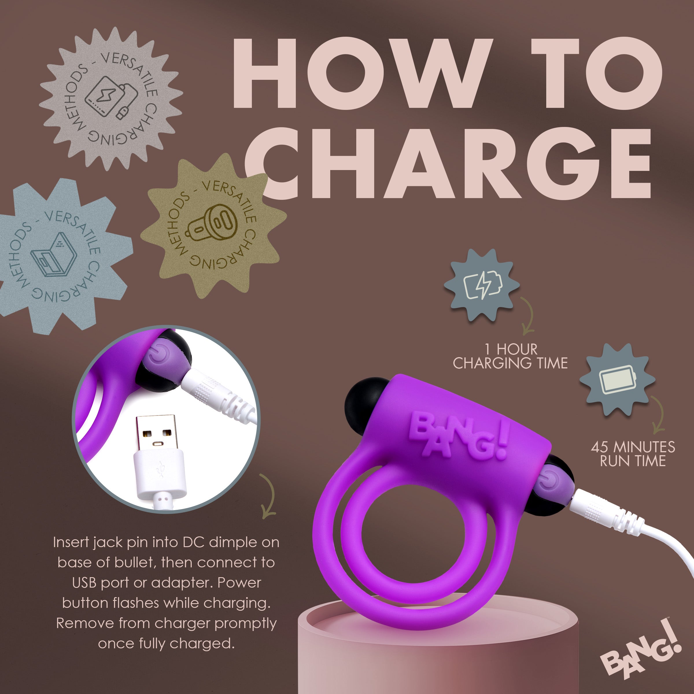 Bang! Remote Control 28X Vibrating Cock Ring and Bullet - Black Purple