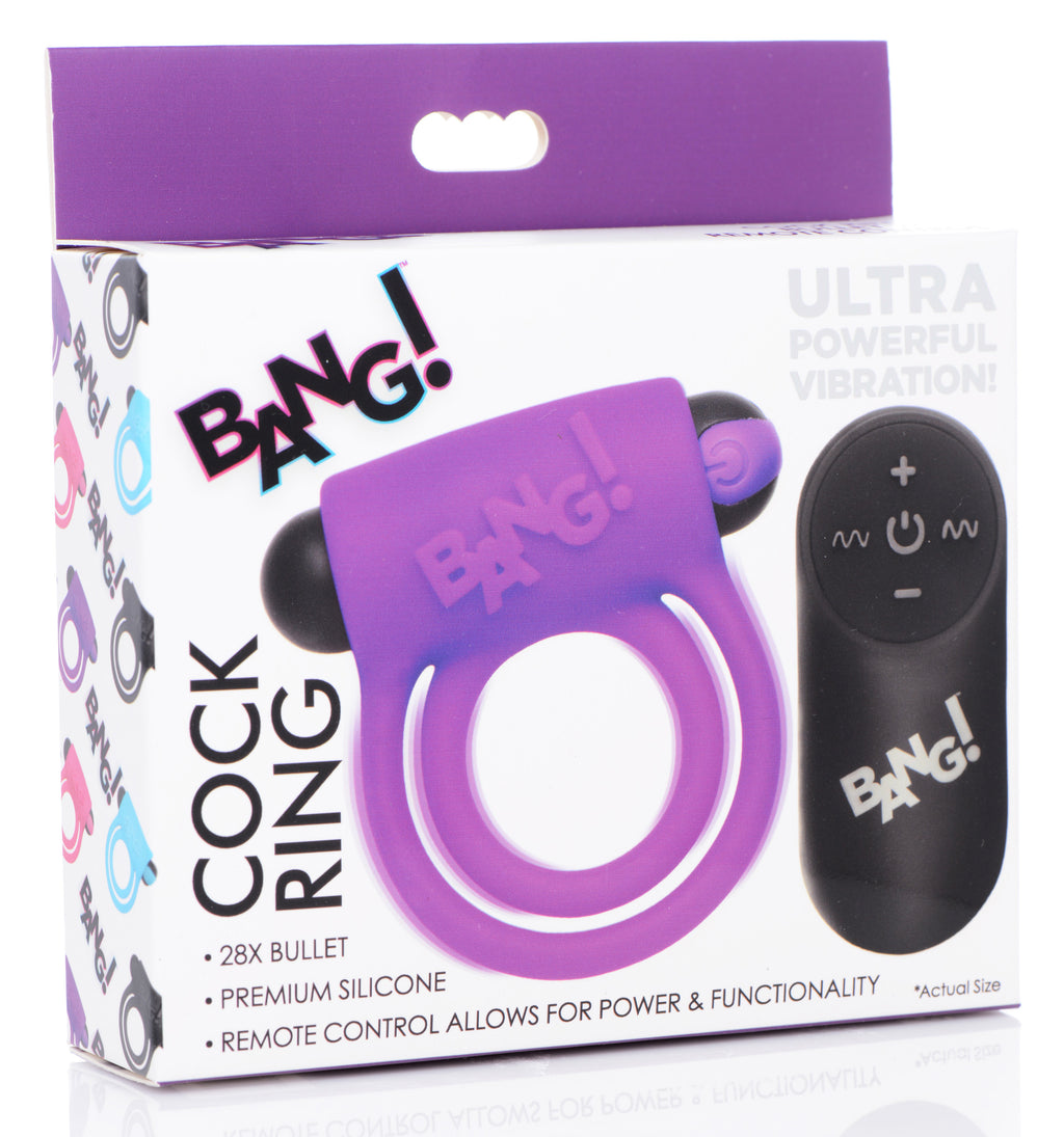 Bang! Remote Control 28X Vibrating Cock Ring and Bullet - Black Purple