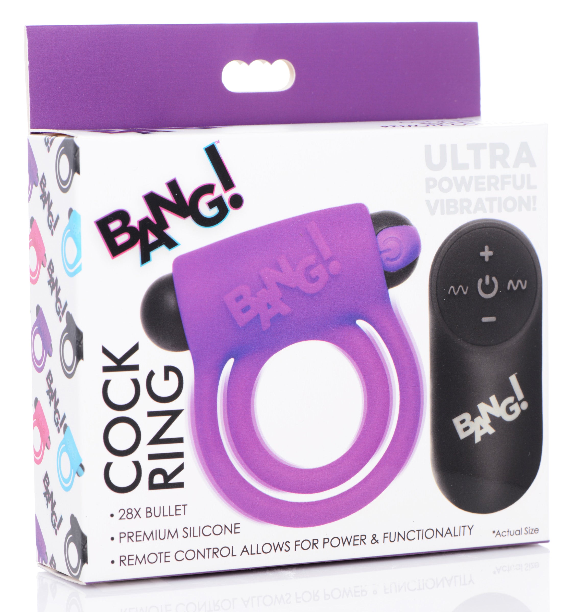 Bang! Remote Control 28X Vibrating Cock Ring and Bullet - Black Purple