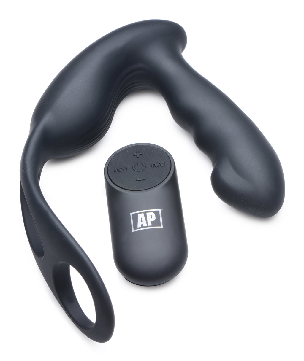 Alpha-Pro 7X P-Strap Milking and Vibrating Prostate Stimulator with Cock and Ball Harness Black