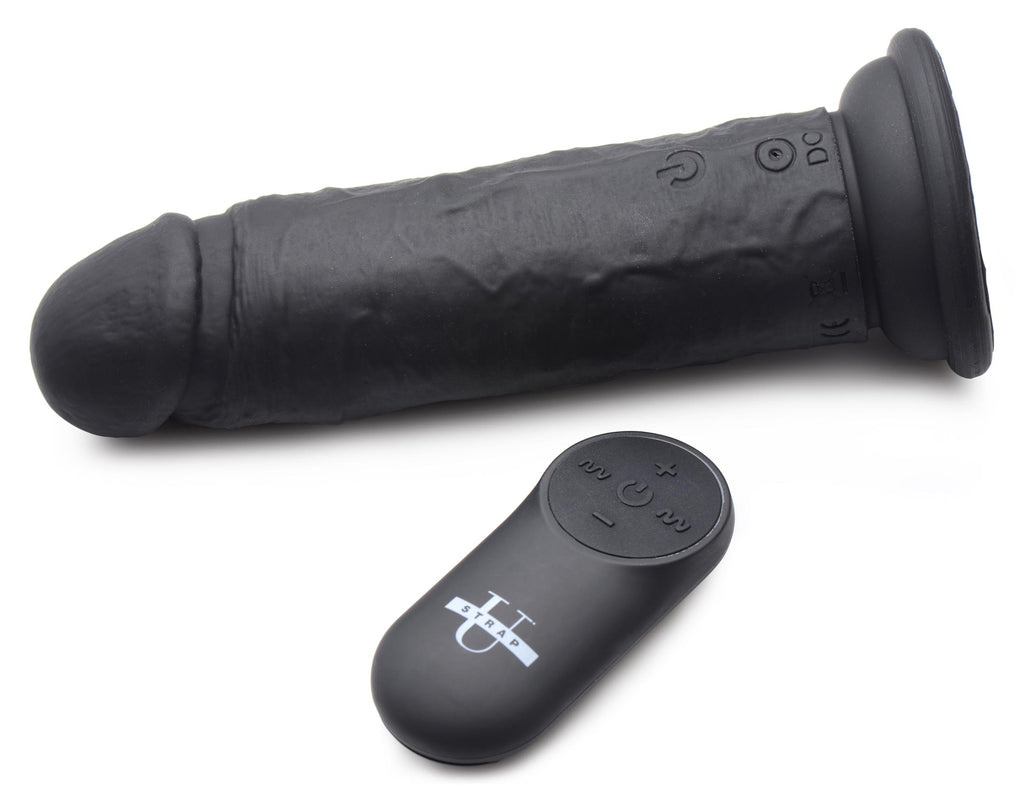Strap U Power Player 28X Vibrating Silicone Dildo with Remote - Black Black