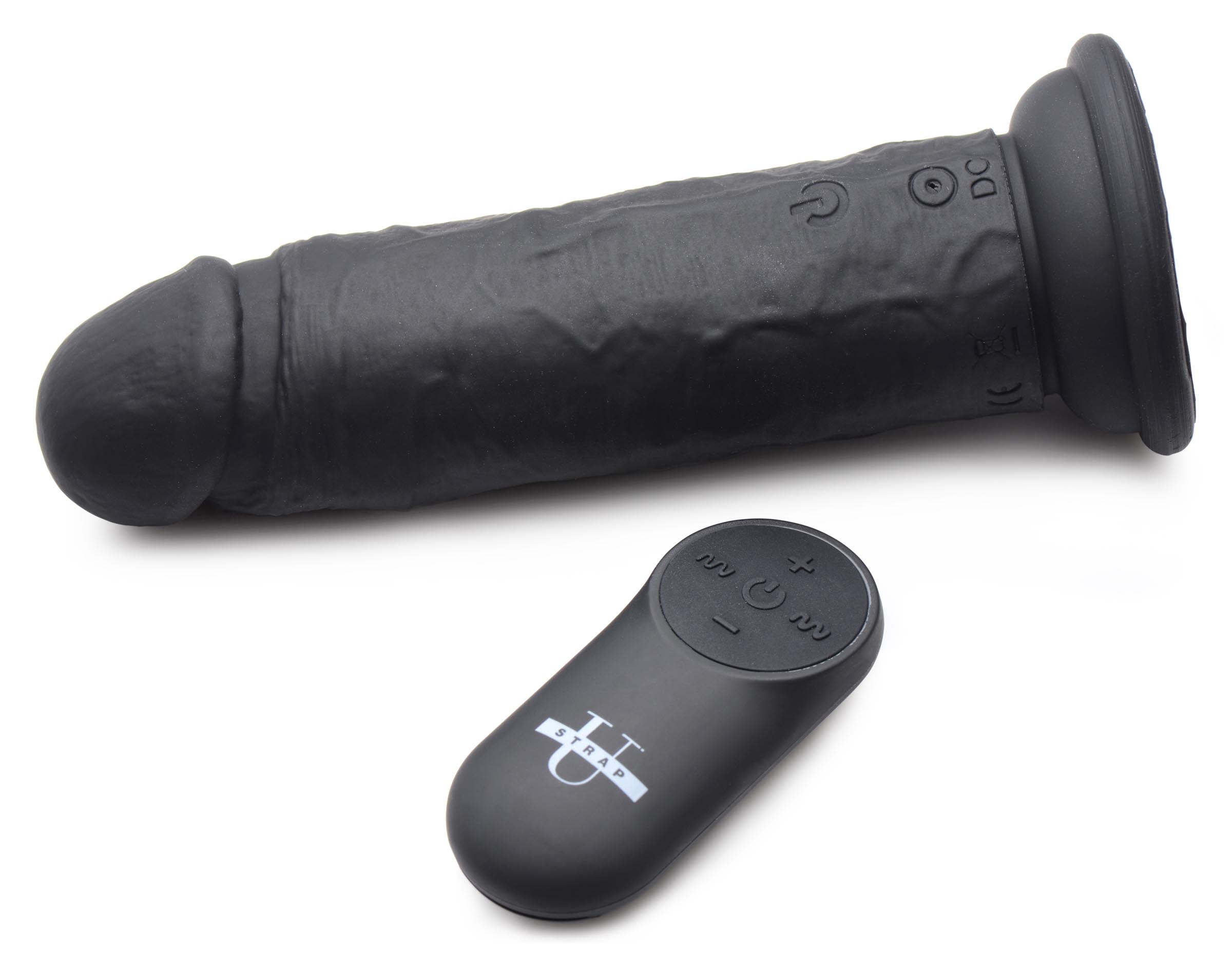 Strap U Power Player 28X Vibrating Silicone Dildo with Remote - Black Black