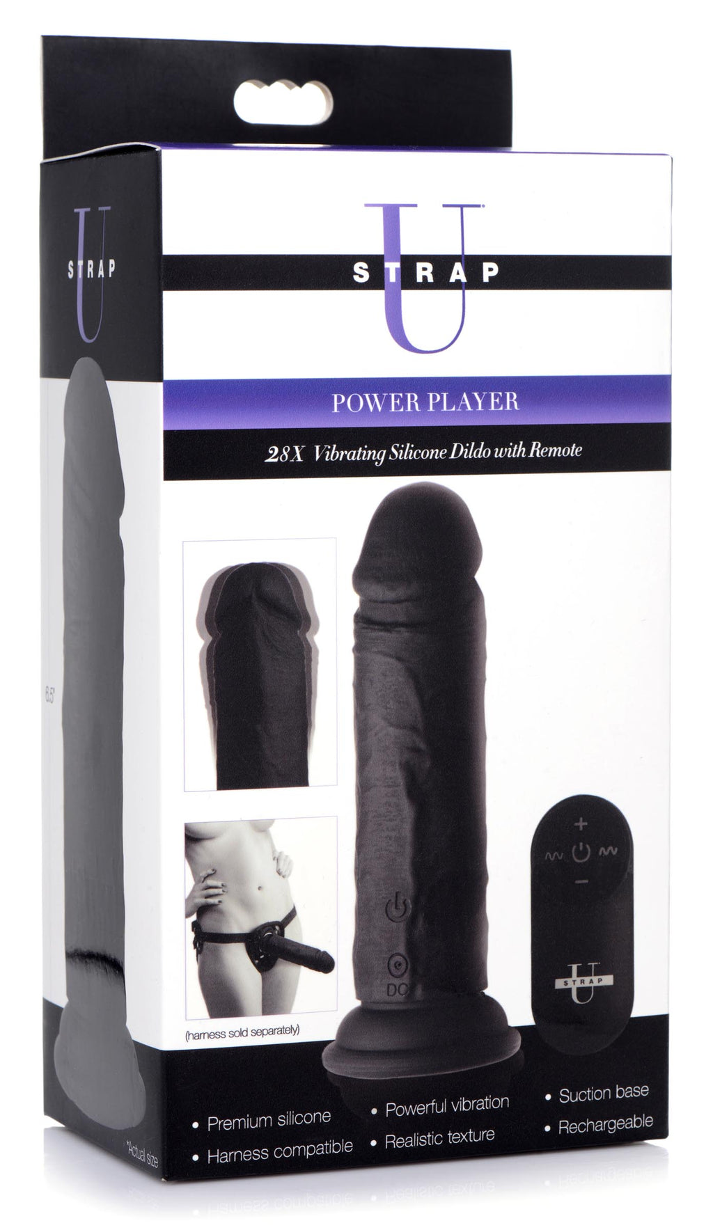 Strap U Power Player 28X Vibrating Silicone Dildo with Remote - Black Black