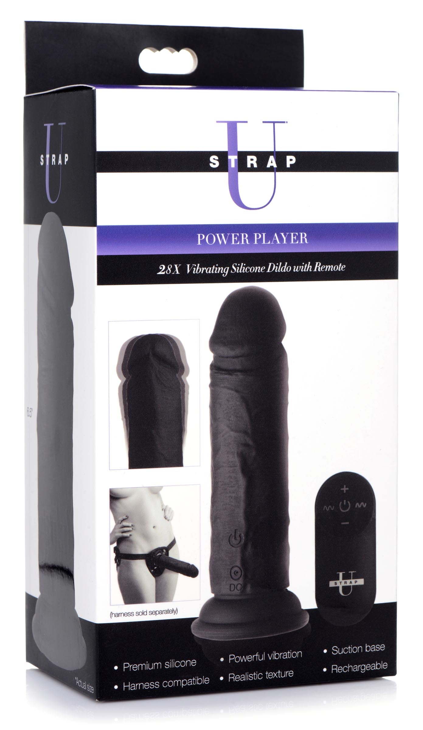 Strap U Power Player 28X Vibrating Silicone Dildo with Remote - Black Black