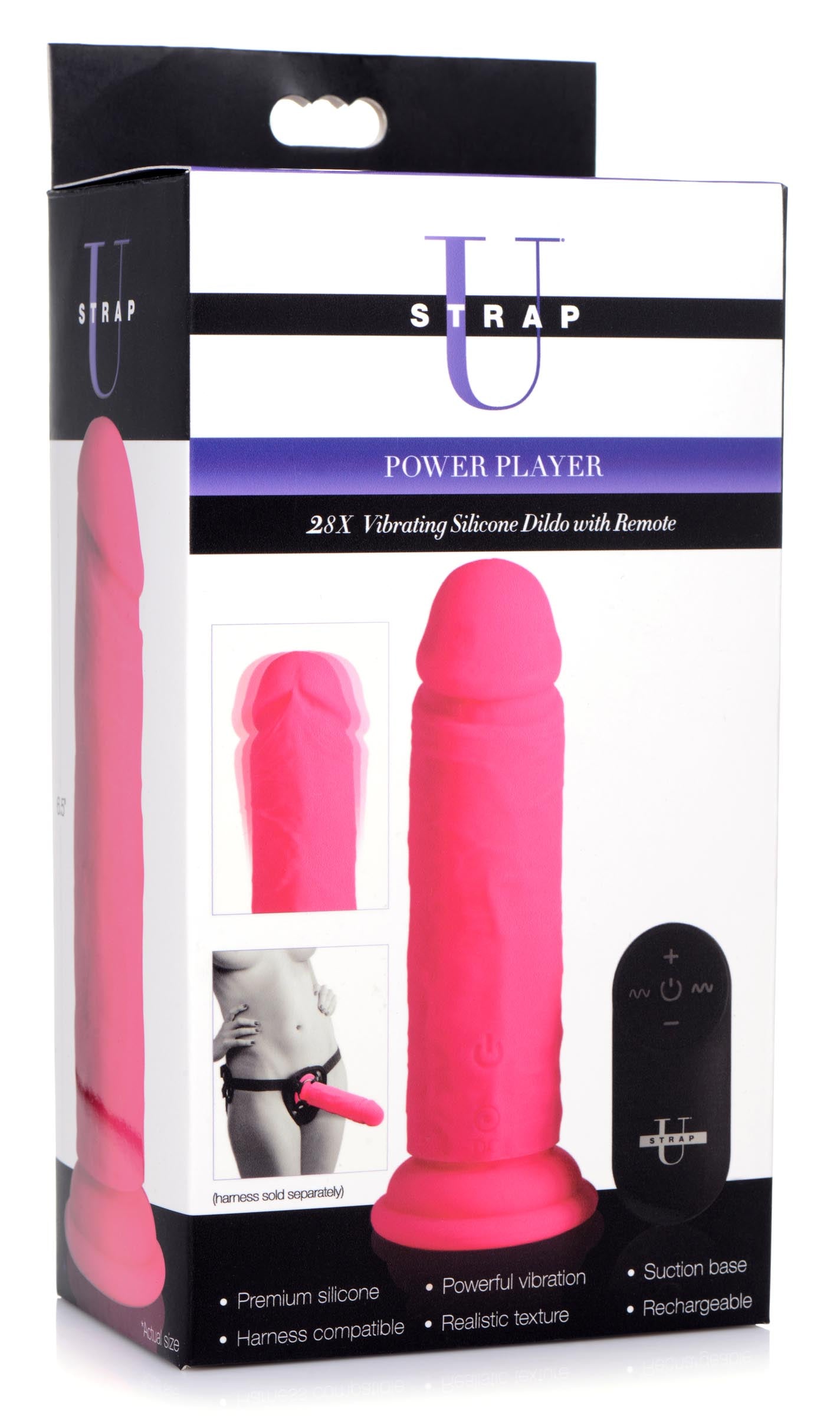 Strap U Power Player 28X Vibrating Silicone Dildo with Remote - Black Pink