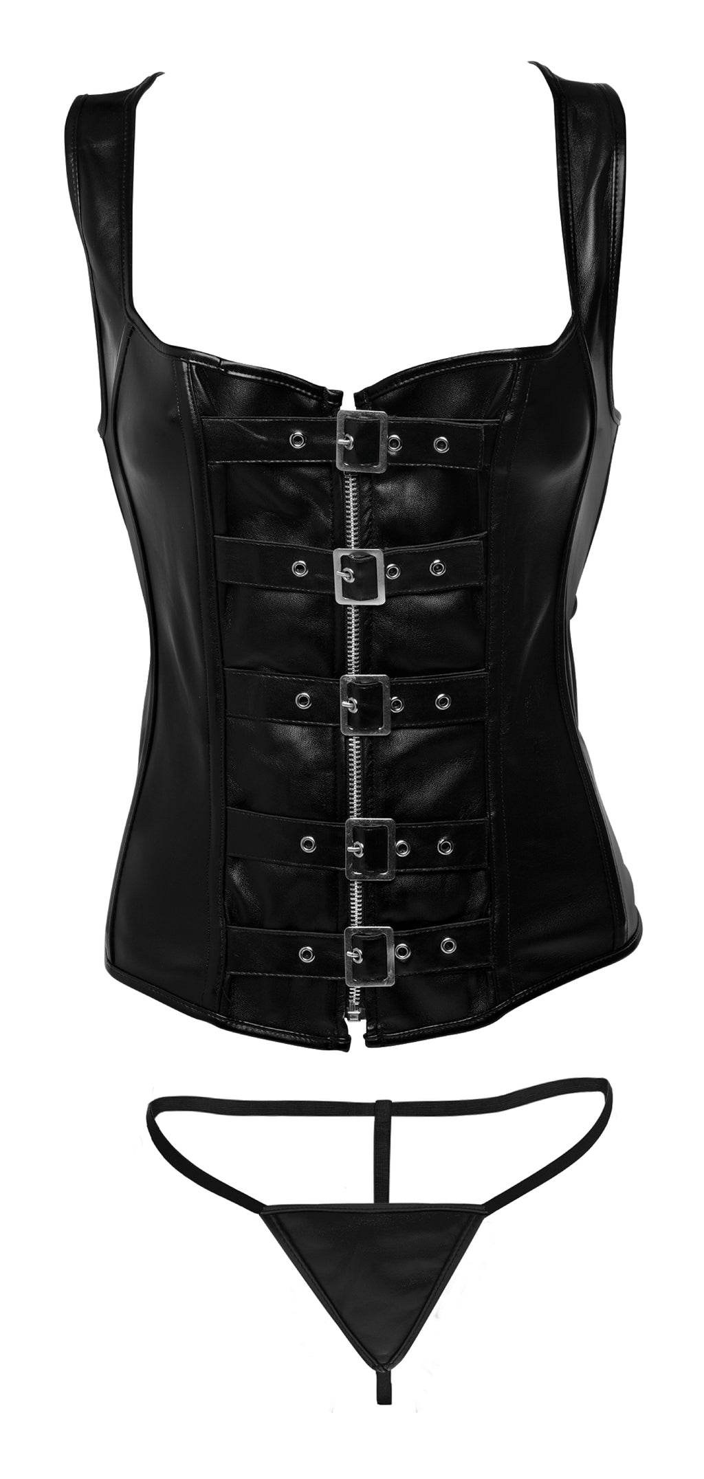Strict Lace-up Corset and Thong - Large Black