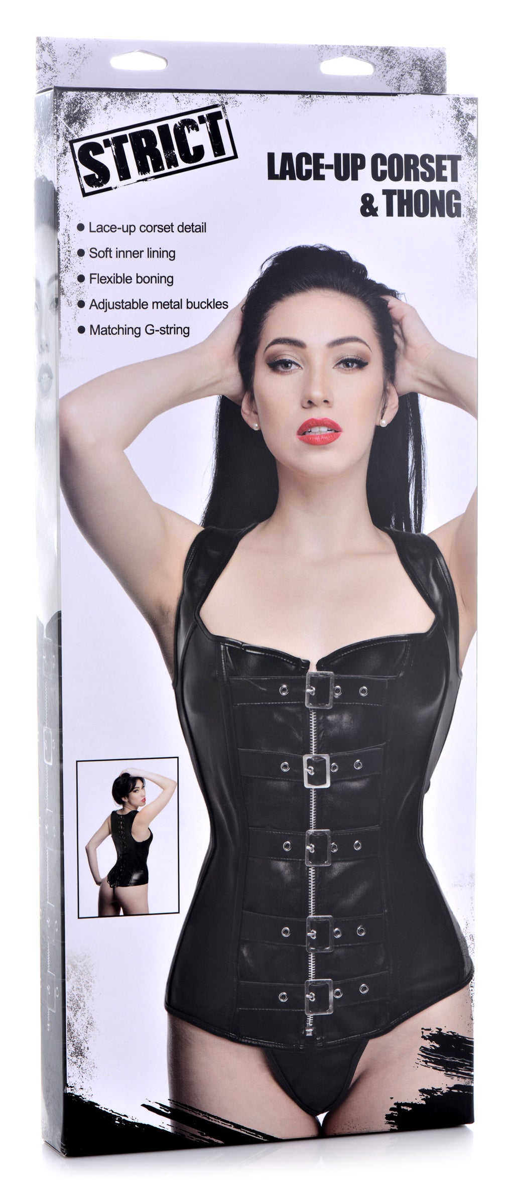 Strict Lace-up Corset and Thong - Large Black