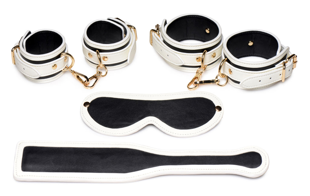 Master Series Kink in the Dark Glowing Cuffs Blindfold and Paddle Bondage Set White
