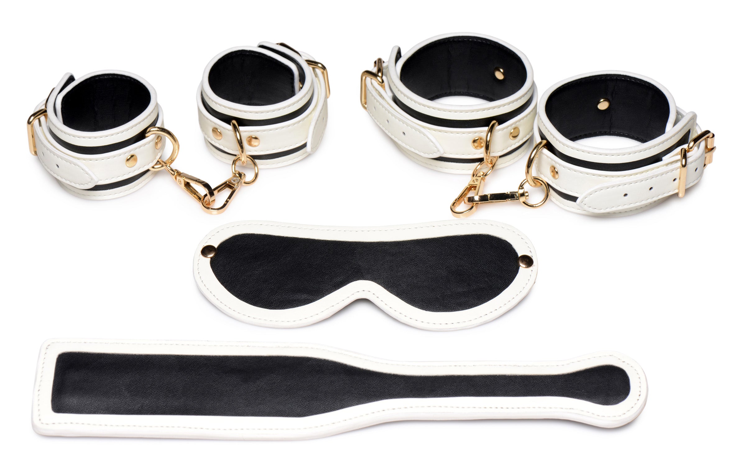 Master Series Kink in the Dark Glowing Cuffs Blindfold and Paddle Bondage Set White