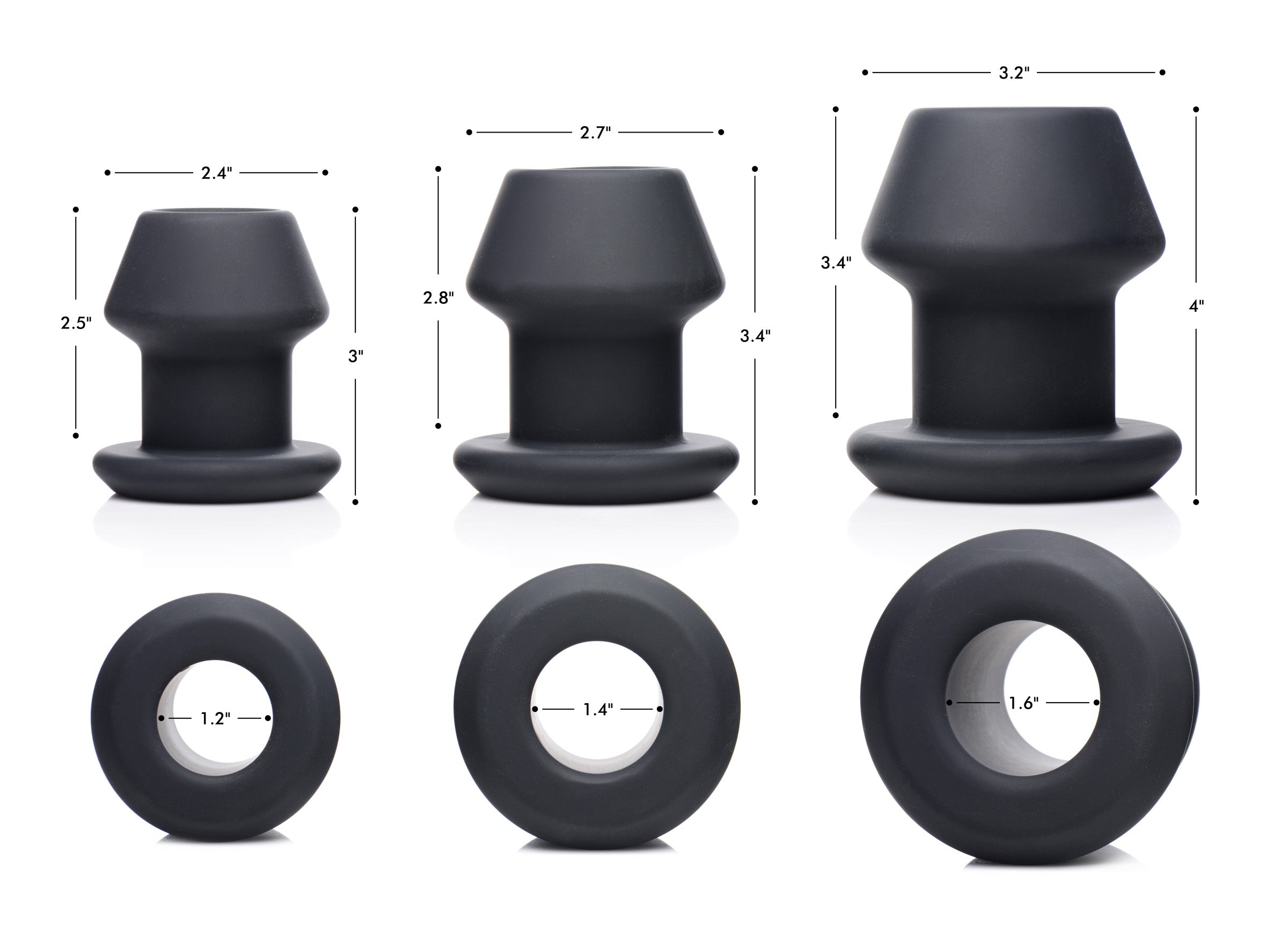 Master Series Gape-Grommets 3 Piece Hollow Silicone Anal Dilator Set Black