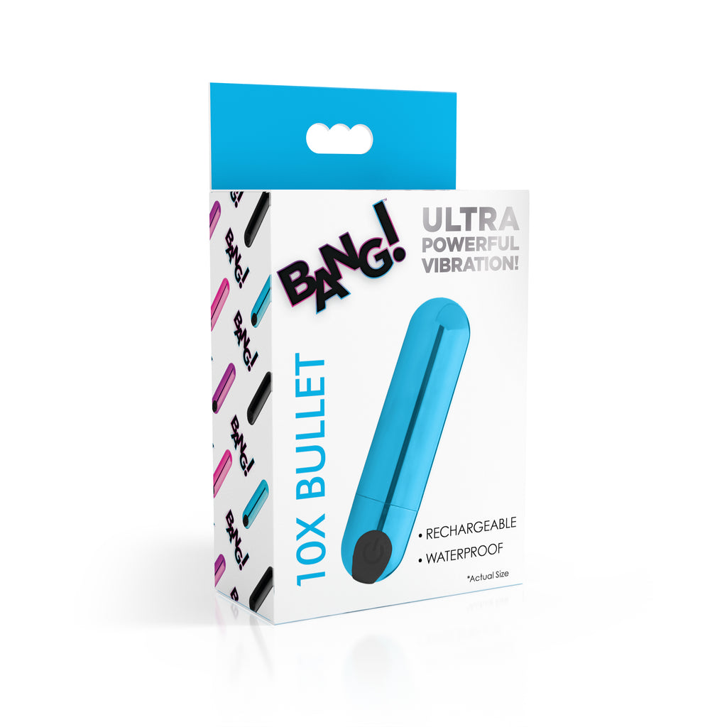 Bang! 10X Rechargeable Vibrating Metallic Bullet - Black Blue