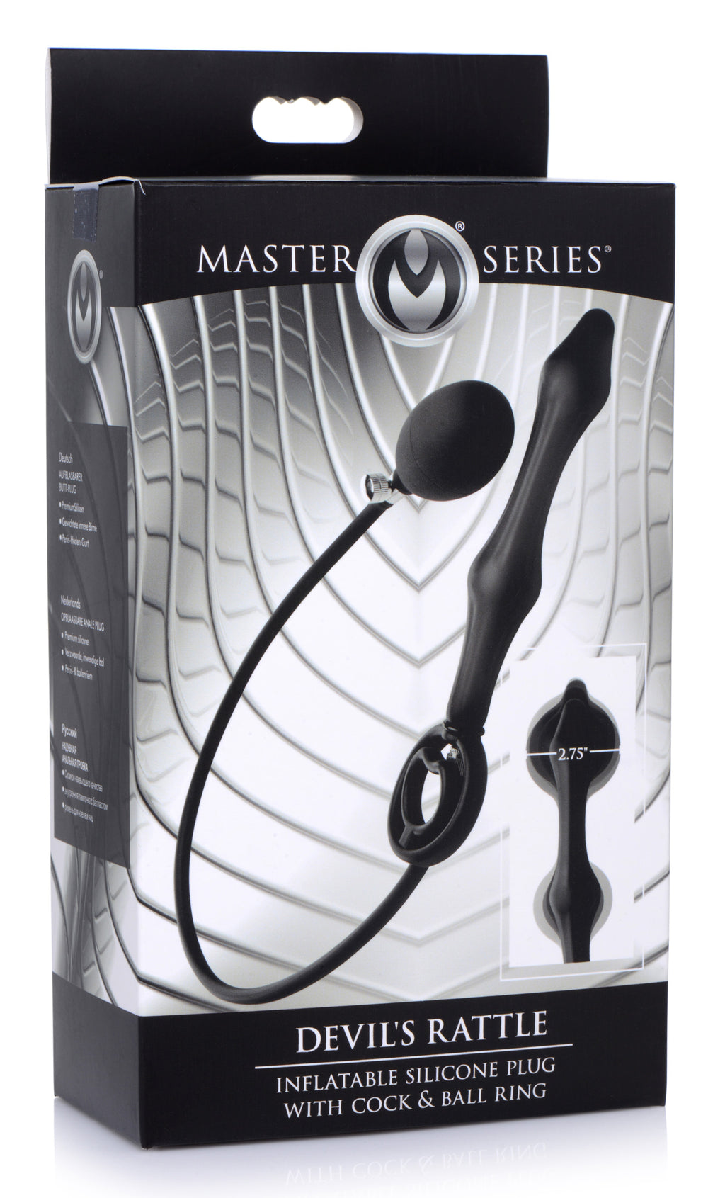 Master Series Devils Rattle Inflatable Silicone Anal Plug with Cock and Ball Ring Black