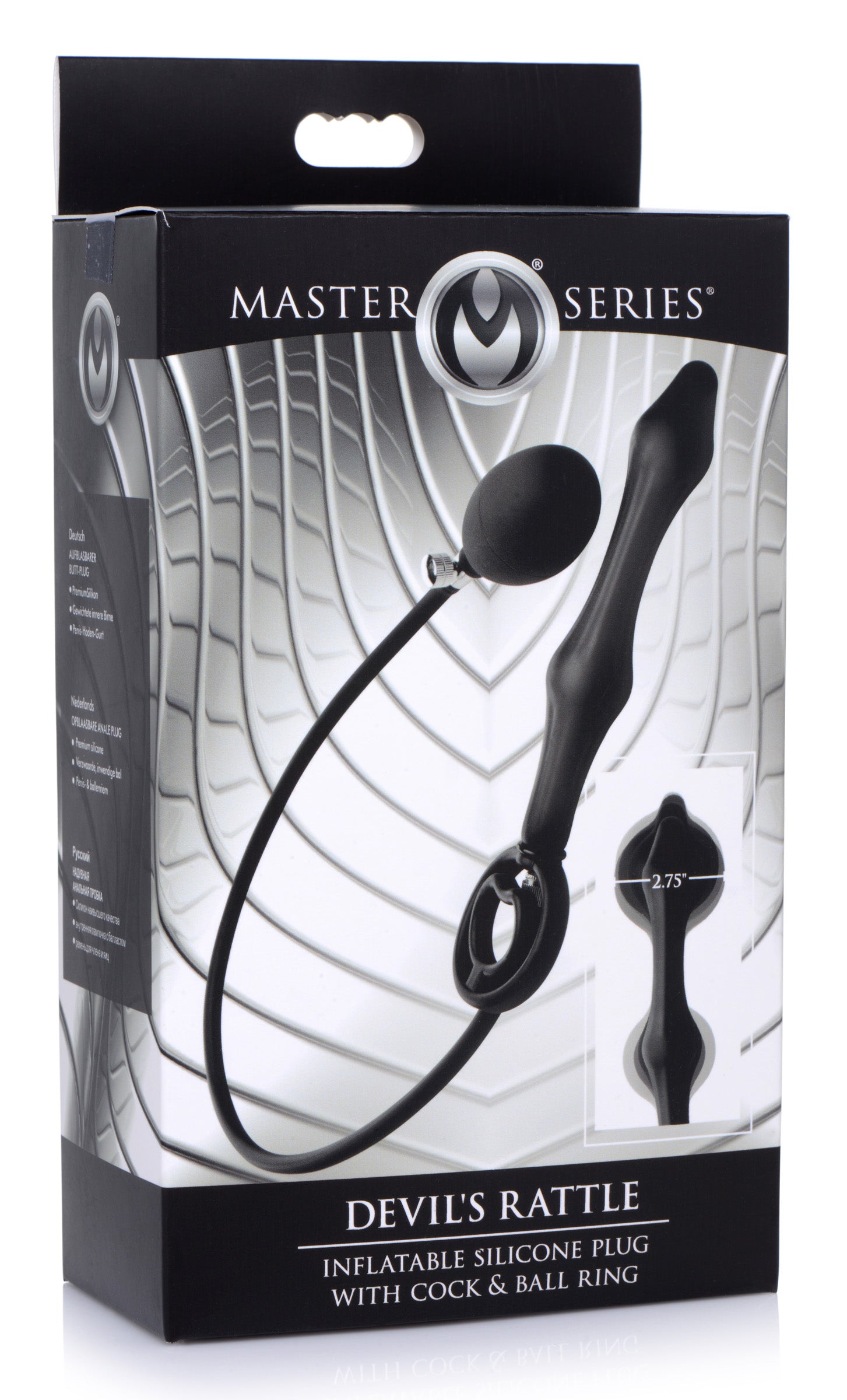 Master Series Devils Rattle Inflatable Silicone Anal Plug with Cock and Ball Ring Black