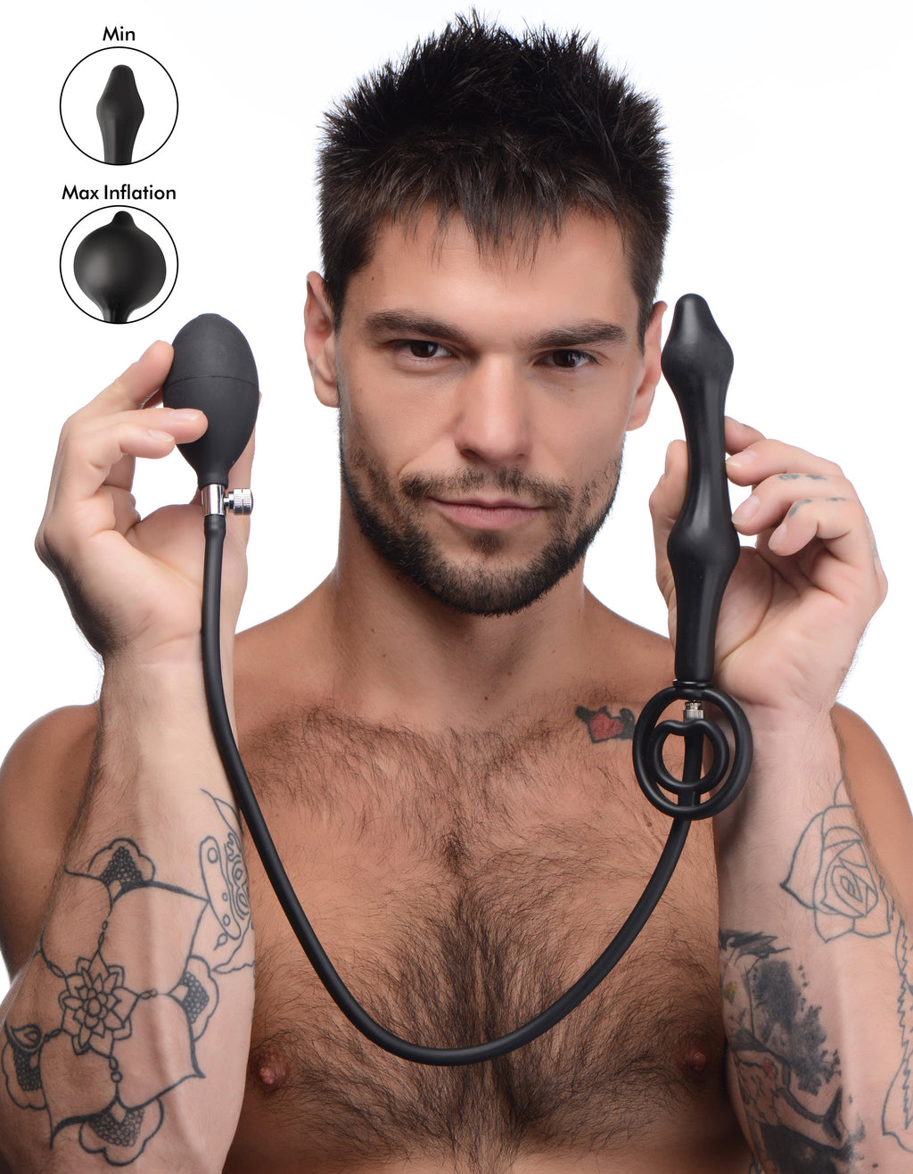 Master Series Devils Rattle Inflatable Silicone Anal Plug with Cock and Ball Ring Black