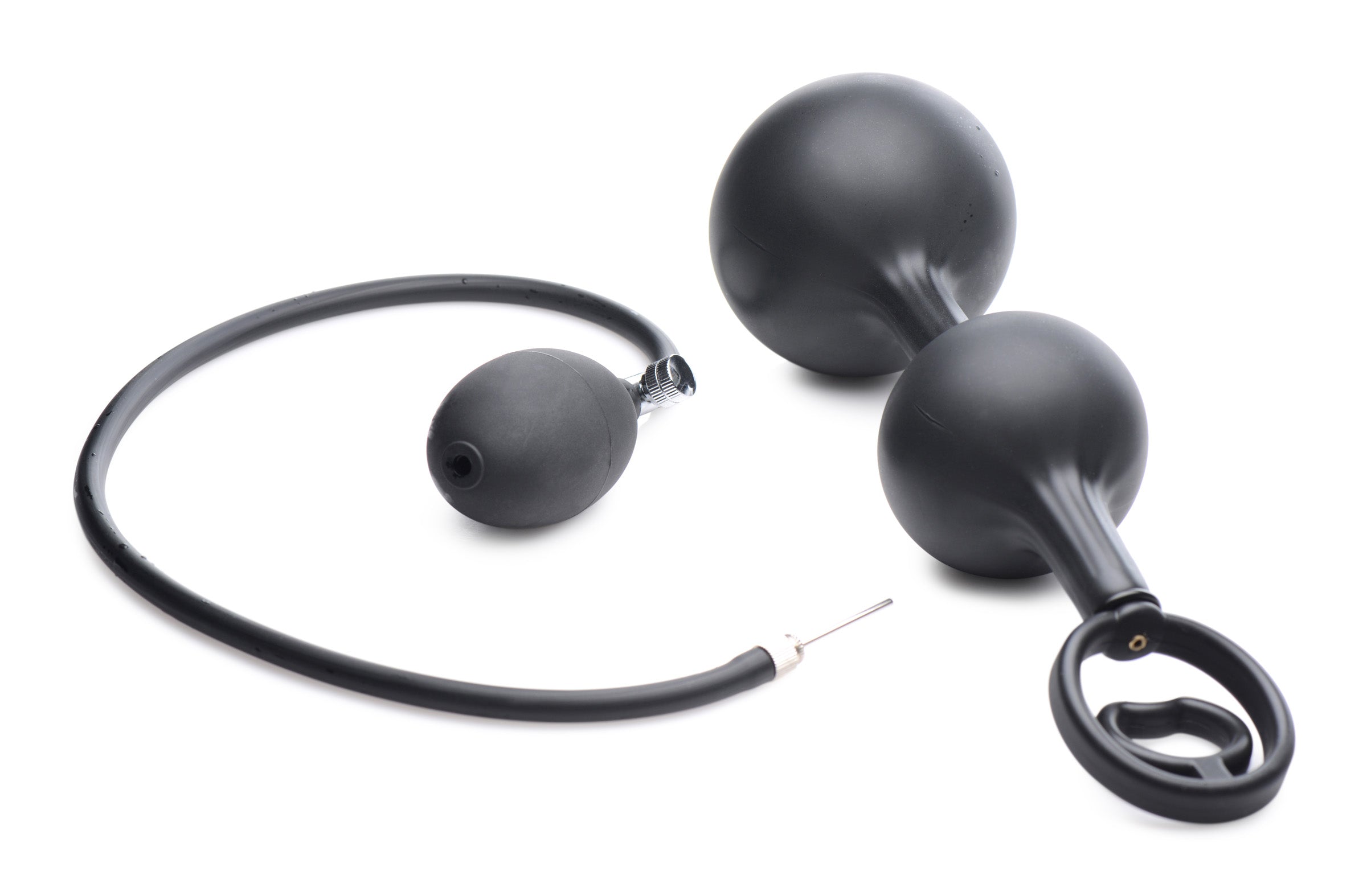 Master Series Devils Rattle Inflatable Silicone Anal Plug with Cock and Ball Ring Black