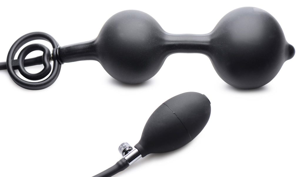 Master Series Devils Rattle Inflatable Silicone Anal Plug with Cock and Ball Ring Black