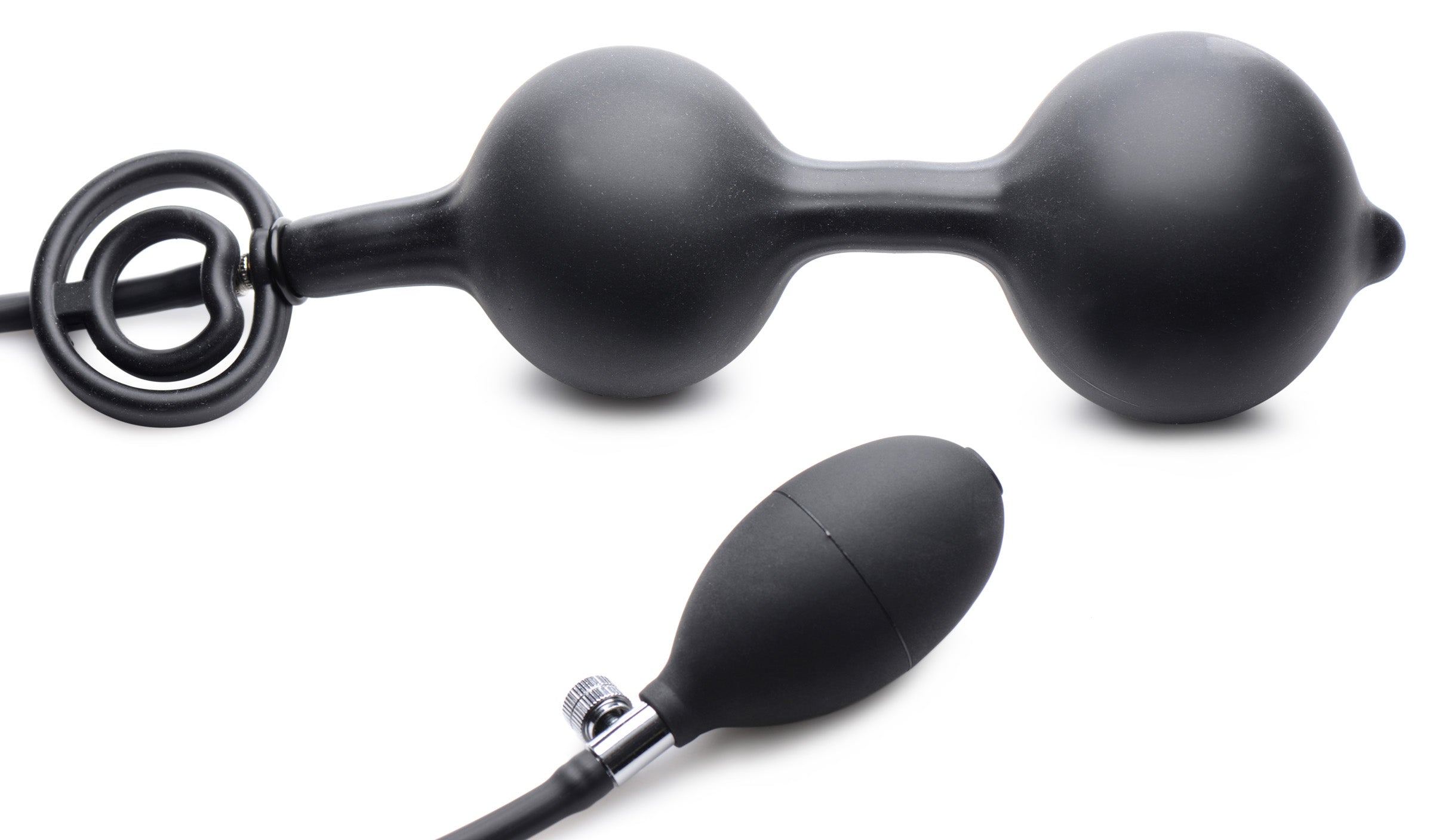 Master Series Devils Rattle Inflatable Silicone Anal Plug with Cock and Ball Ring Black