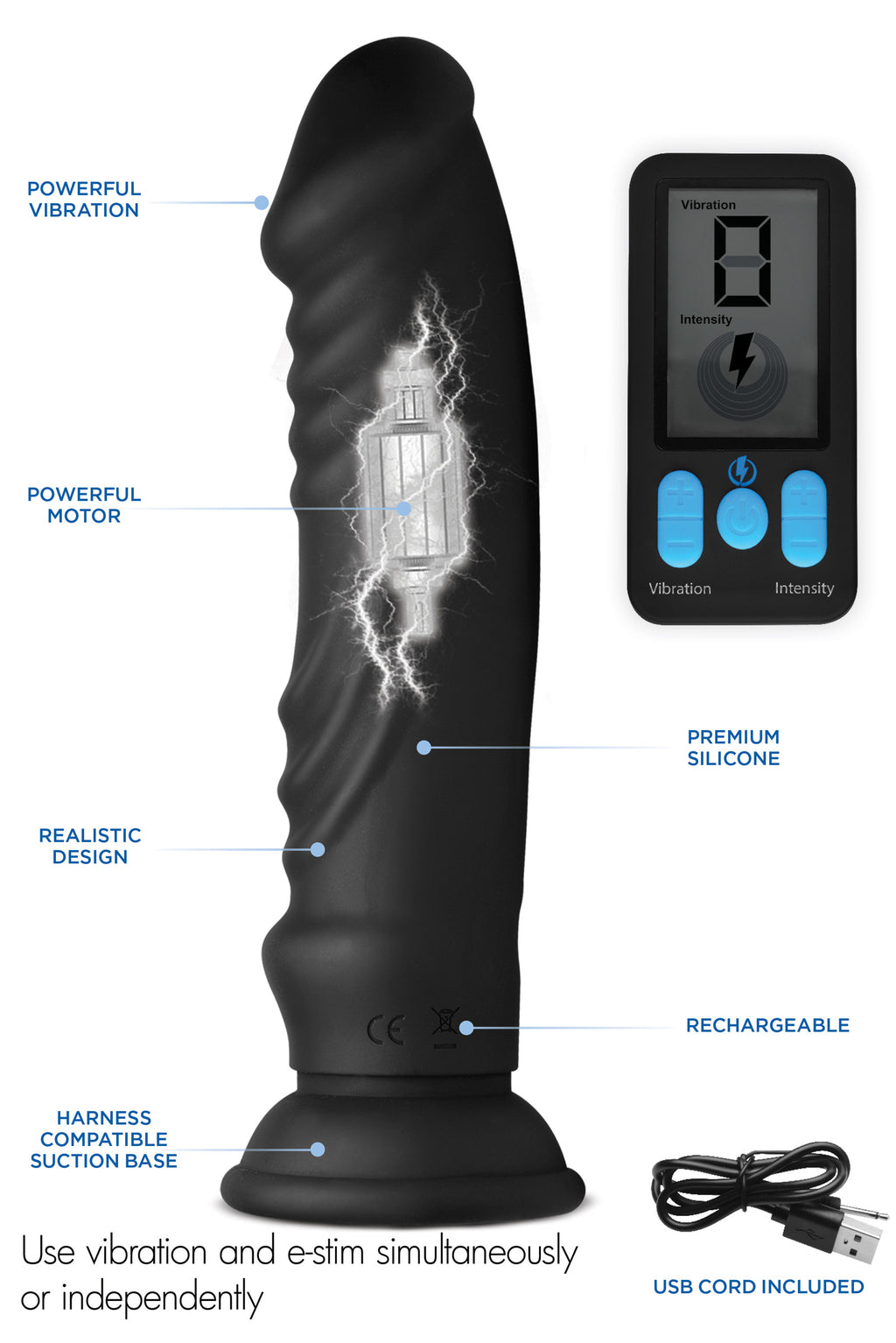 Zeus Electrosex E-Stim Pro 5x Vibrating Dildo with Remote Control Black