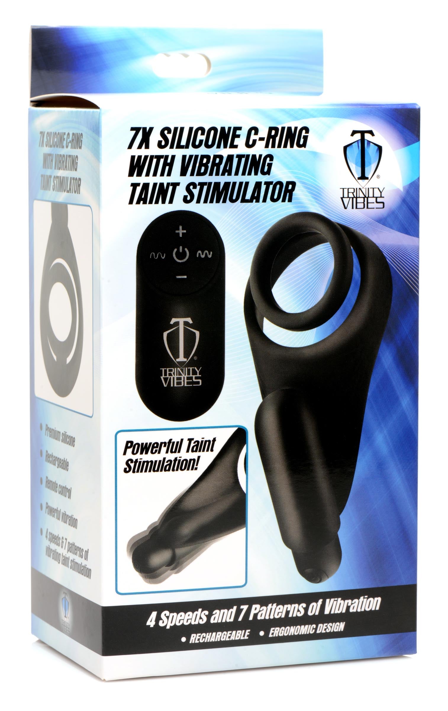 Trinity Men 7X Silicone C-Ring with Vibrating Taint Stimulator Black