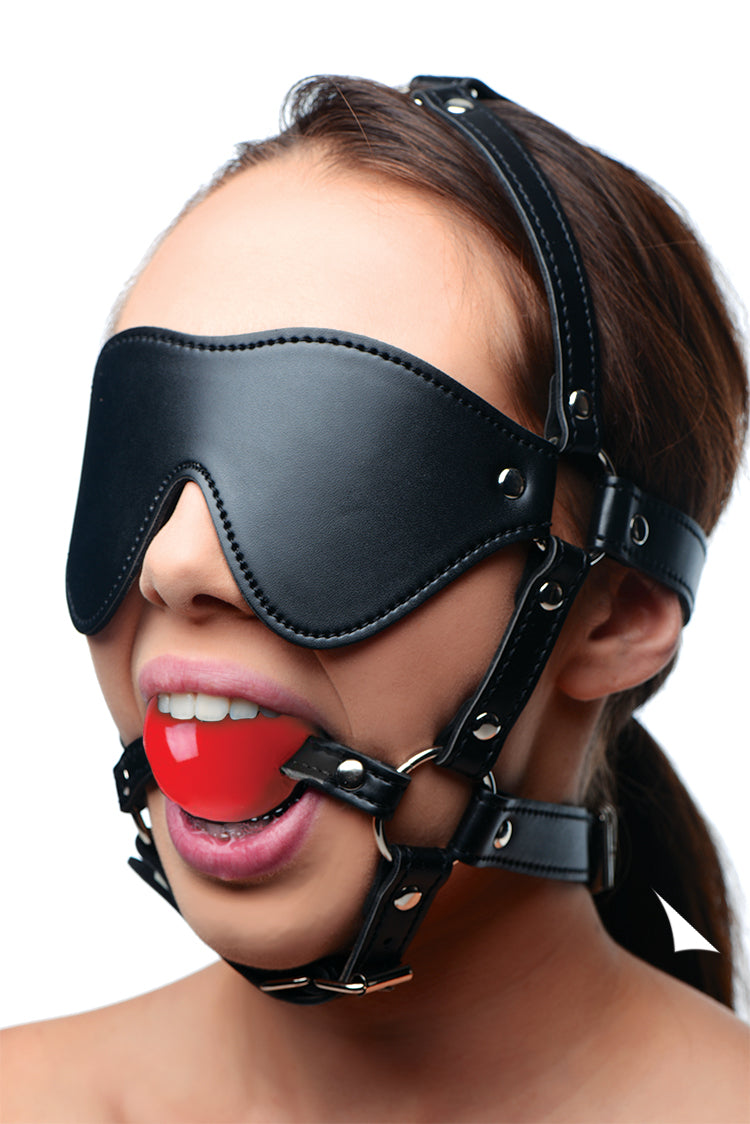 Strict Blindfold Harness and Red Ball Gag Red
