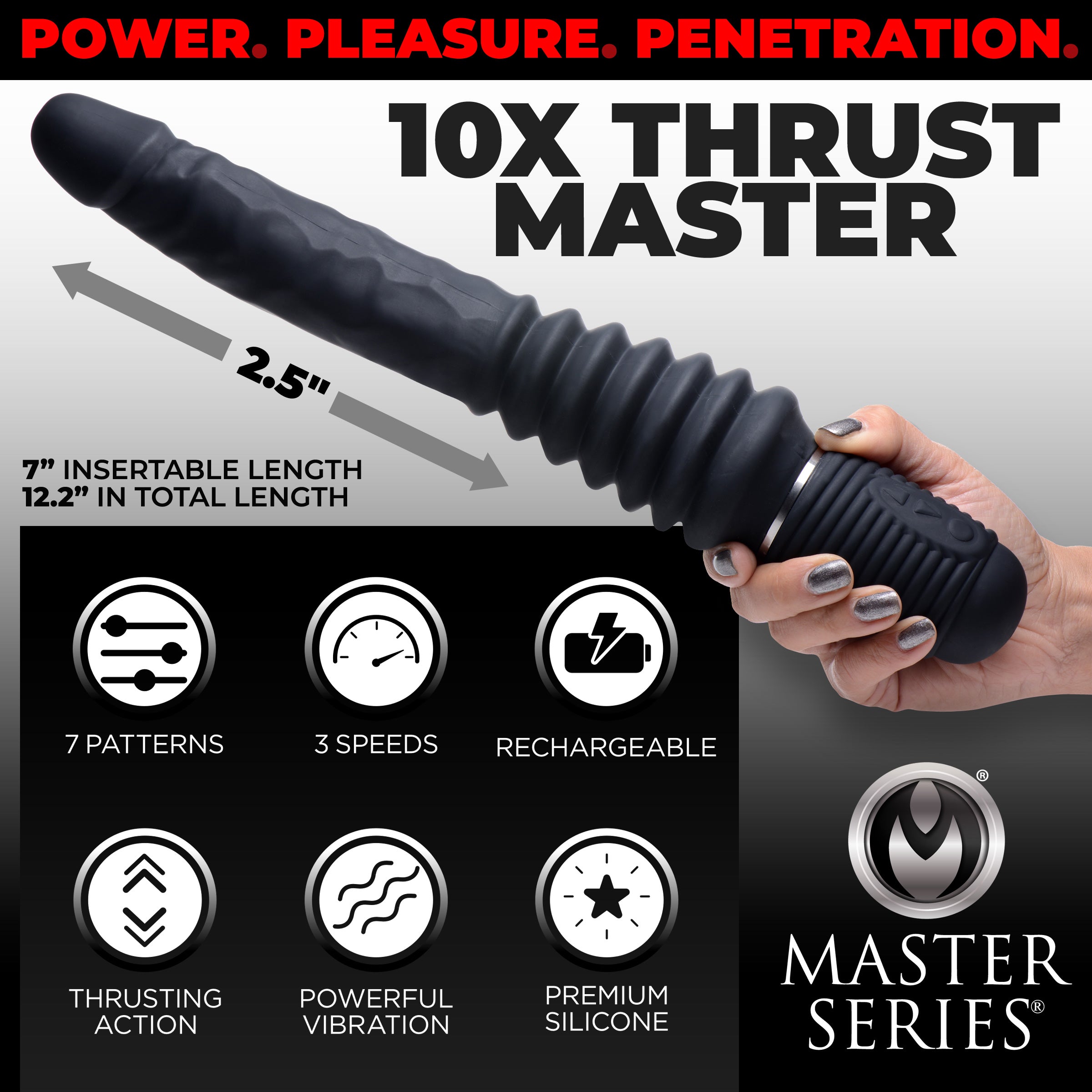 Master Series 10X Silicone Vibrating and Thrusting Dildo Black