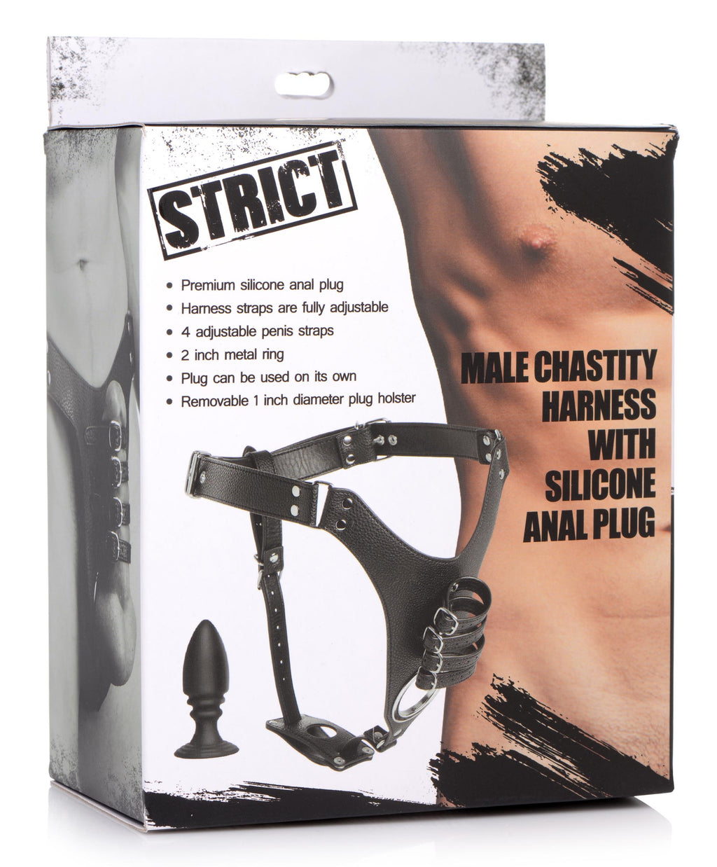 Strict Male Chastity Harness with Silicone Anal Plug Black