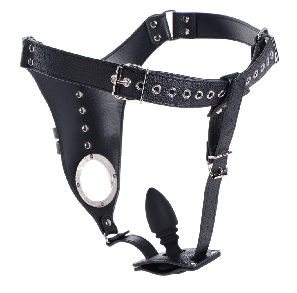 Strict Male Chastity Harness with Silicone Anal Plug Black