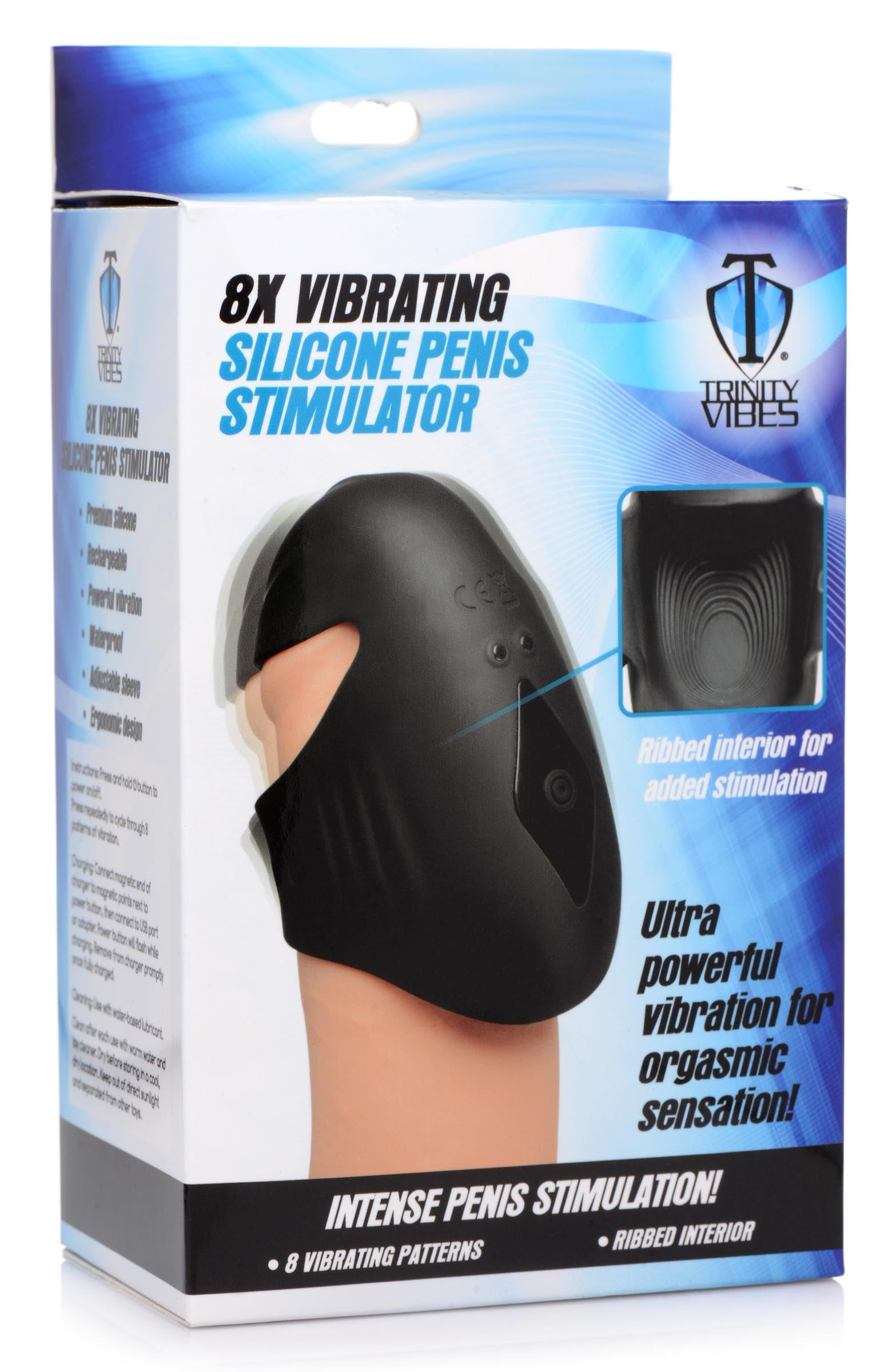 Trinity Men 8X Vibrating Silicone Penis Head Stimulator Black