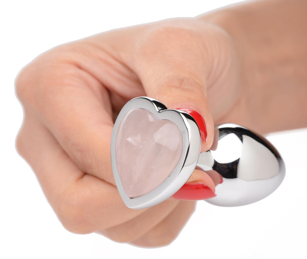 Booty Sparks Authentic Rose Quartz Gemstone Heart Anal Plug - Small Pink