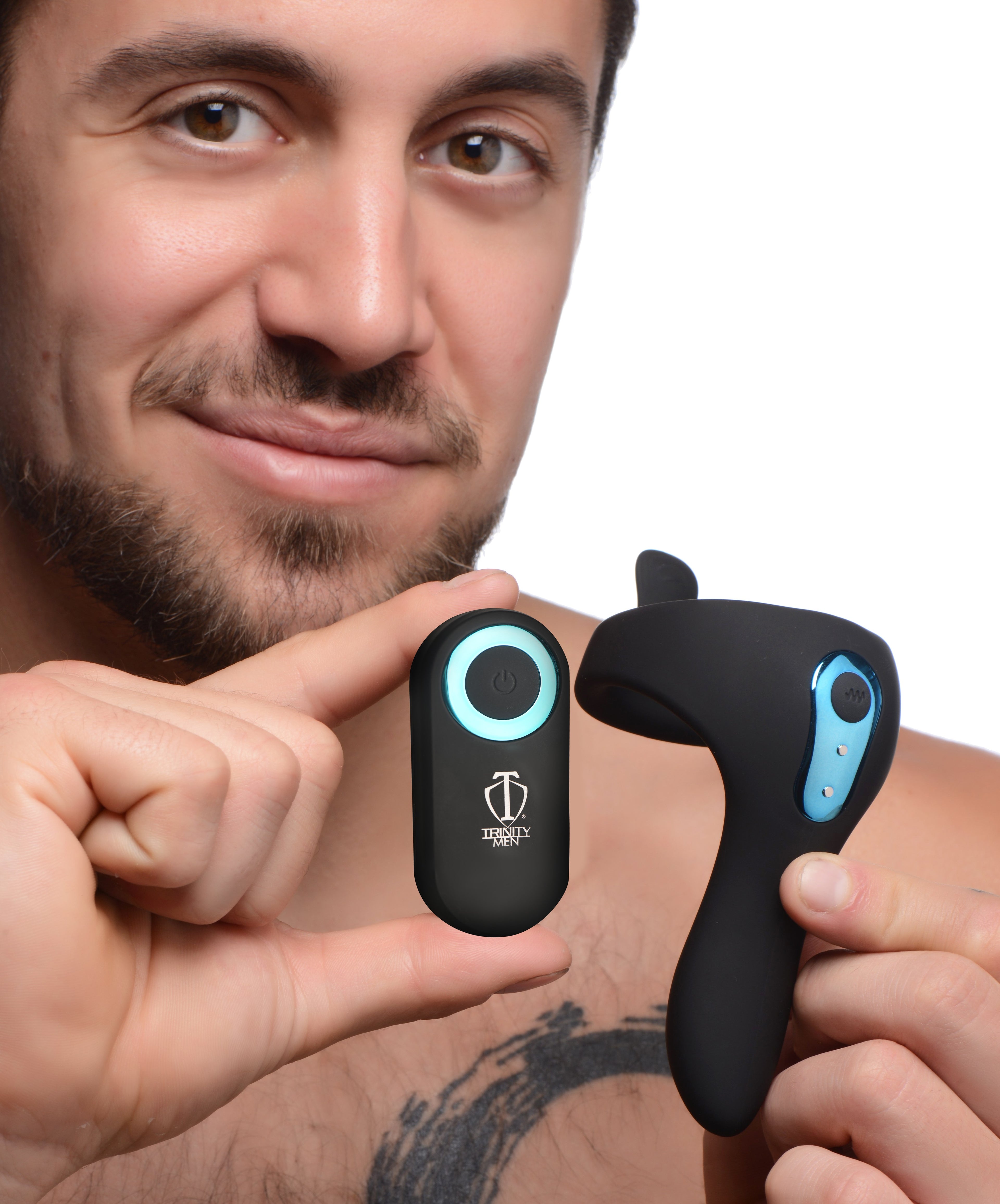 Trinity Men Power Taint 7X Silicone Cock and Ball Ring with Remote Black