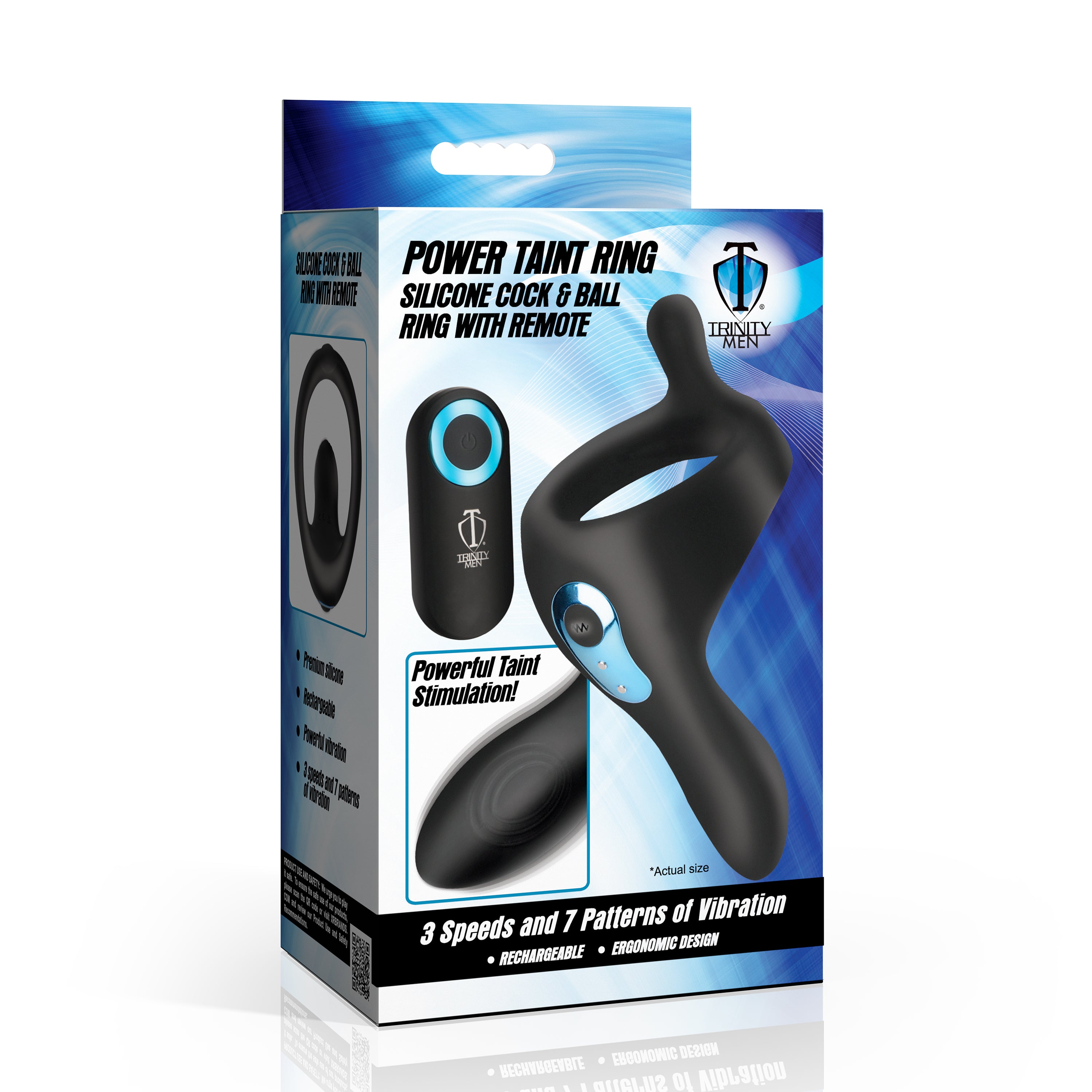 Trinity Men Power Taint 7X Silicone Cock and Ball Ring with Remote Black