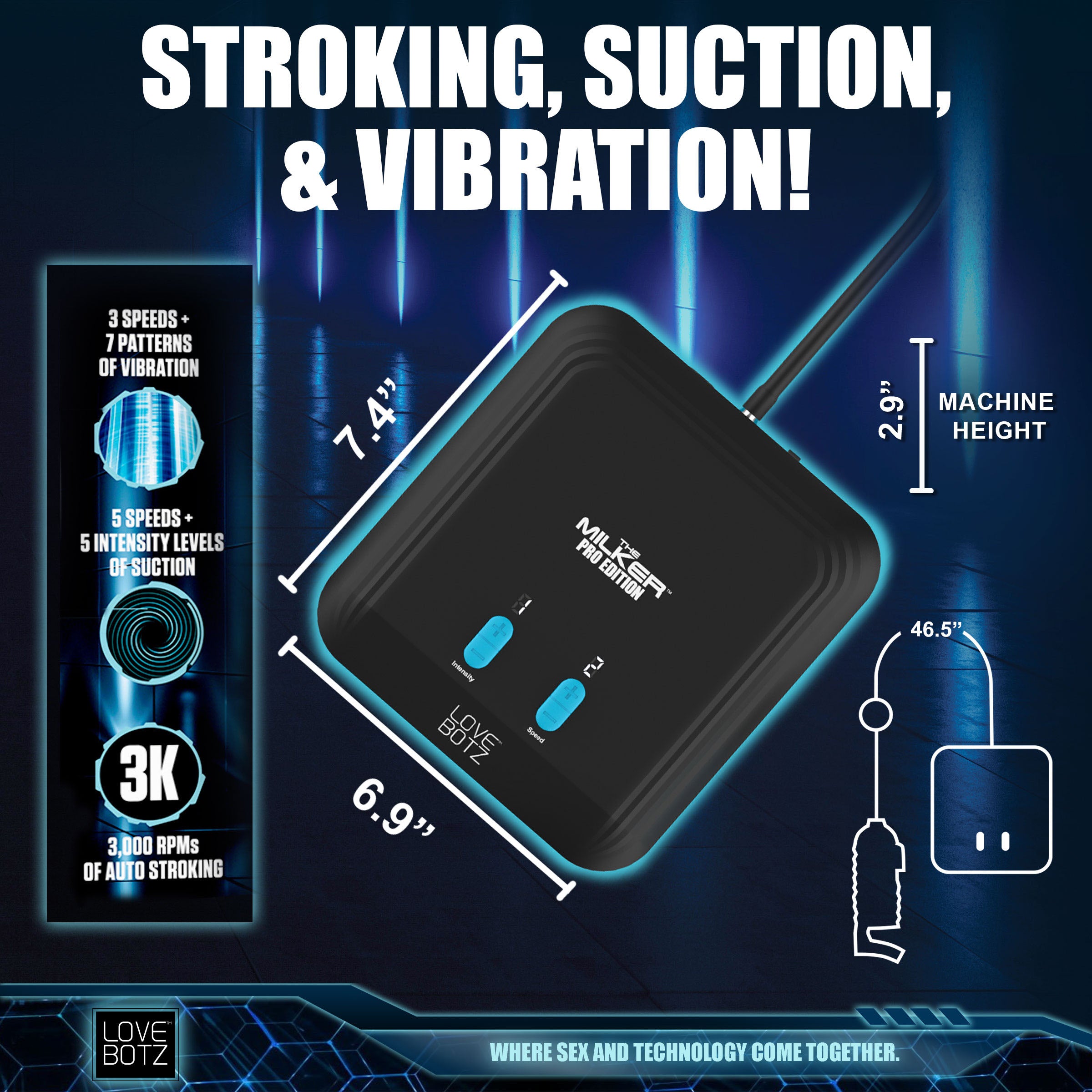 LoveBotz The Milker Pro Edition with Automatic Stroking, Suction and Vibration Black