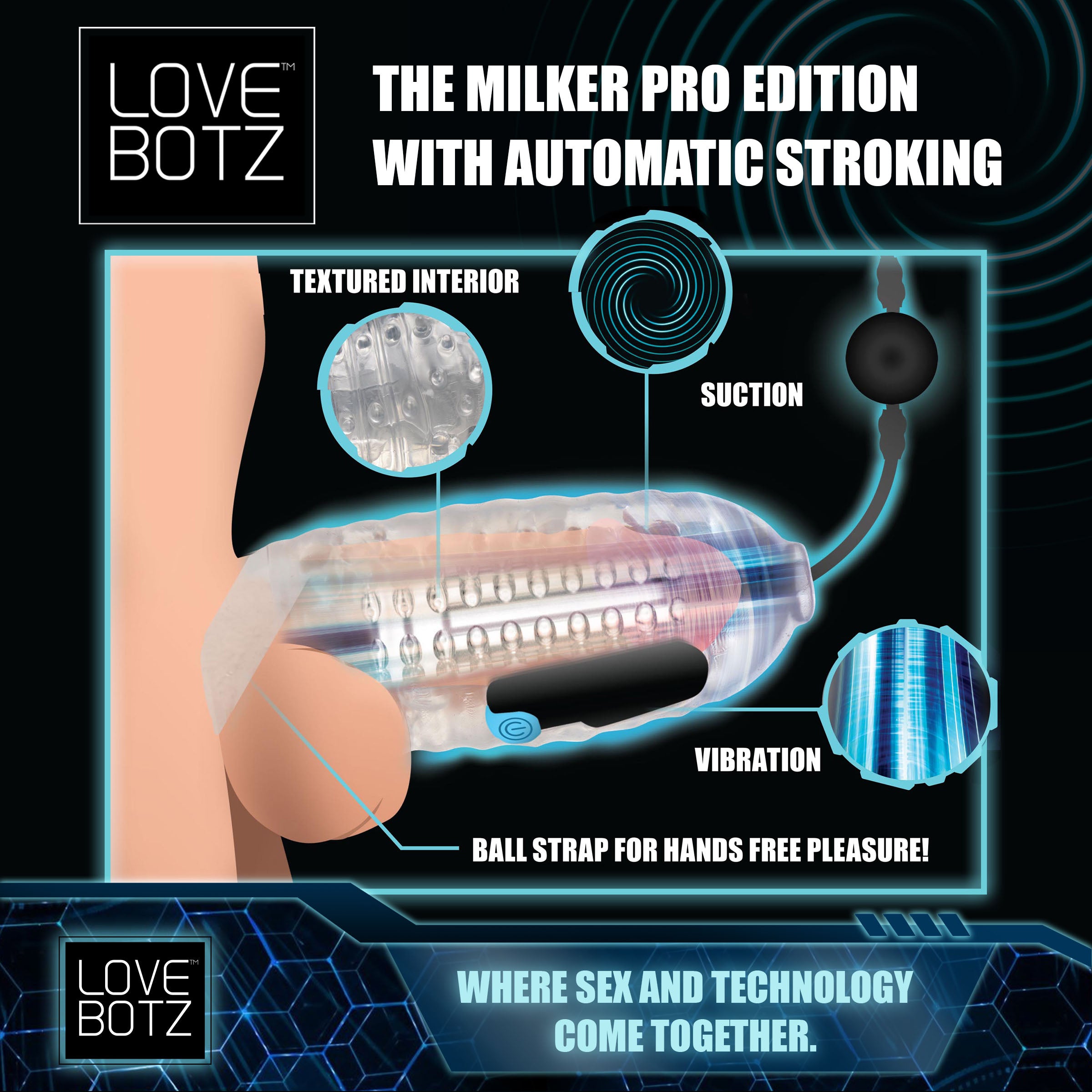 LoveBotz The Milker Pro Edition with Automatic Stroking, Suction and Vibration Black