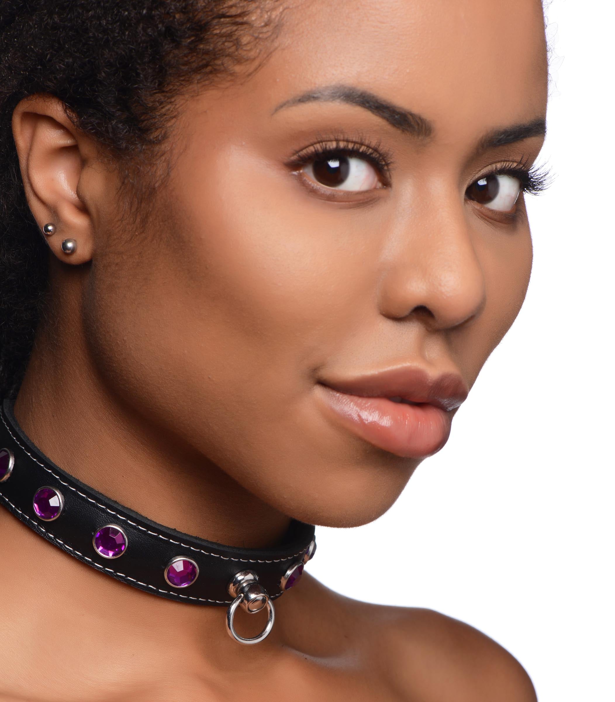 Master Series Royal Vixen Leather Choker with Rhinestones - Purple Purple