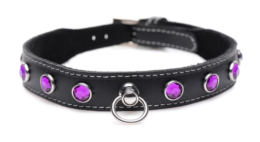 Master Series Royal Vixen Leather Choker with Rhinestones - Purple Purple