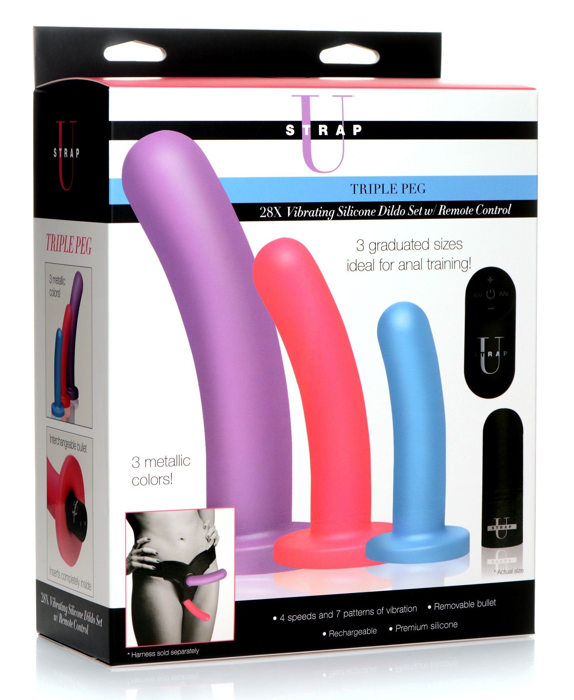 Strap U Triple Peg 28X Vibrating Silicone Dildo Set with Remote Control Multi