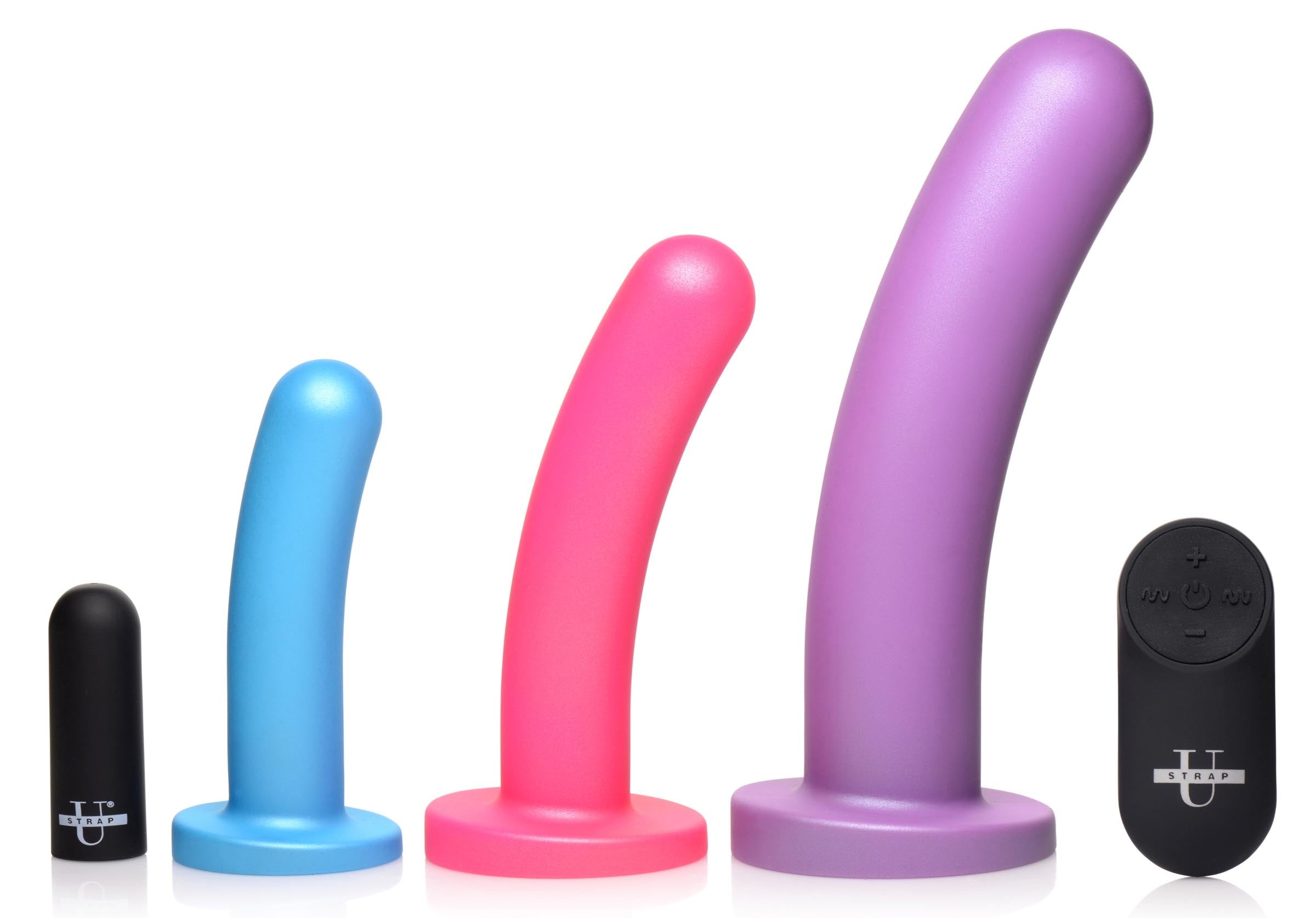 Strap U Triple Peg 28X Vibrating Silicone Dildo Set with Remote Control Multi
