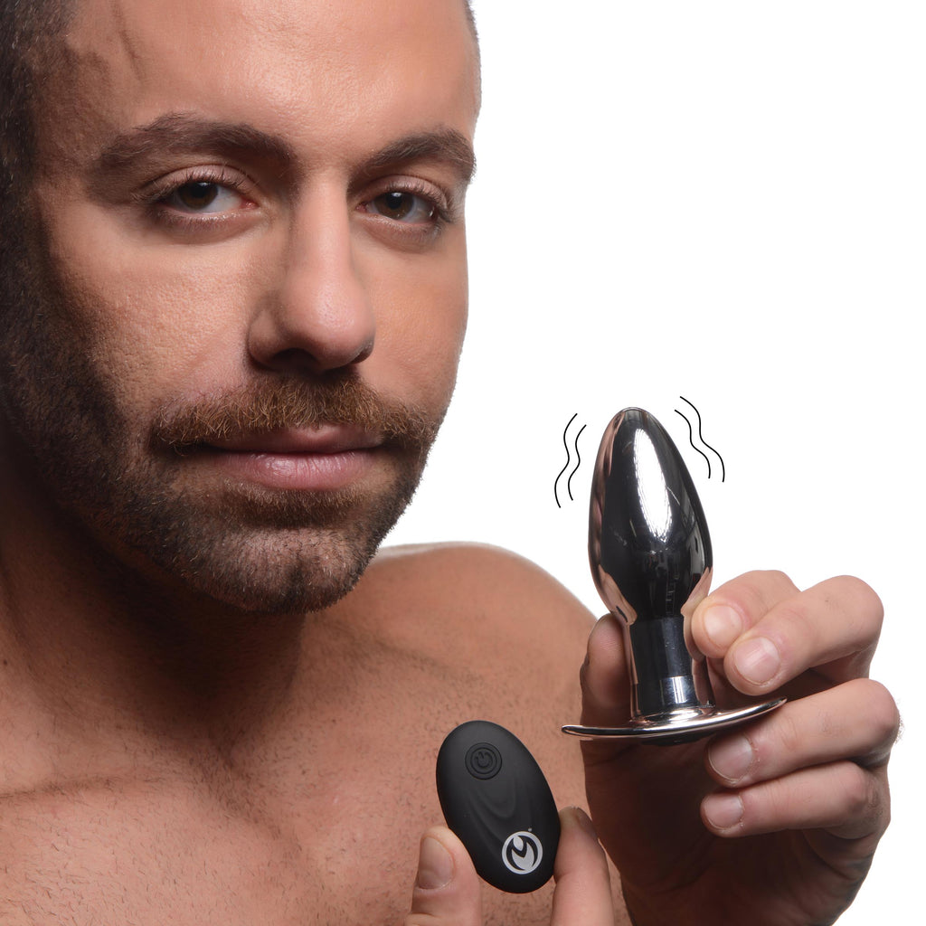 Master Series Chrome Blast 7X Rechargeable Butt Plug with Remote Control - Small Grey