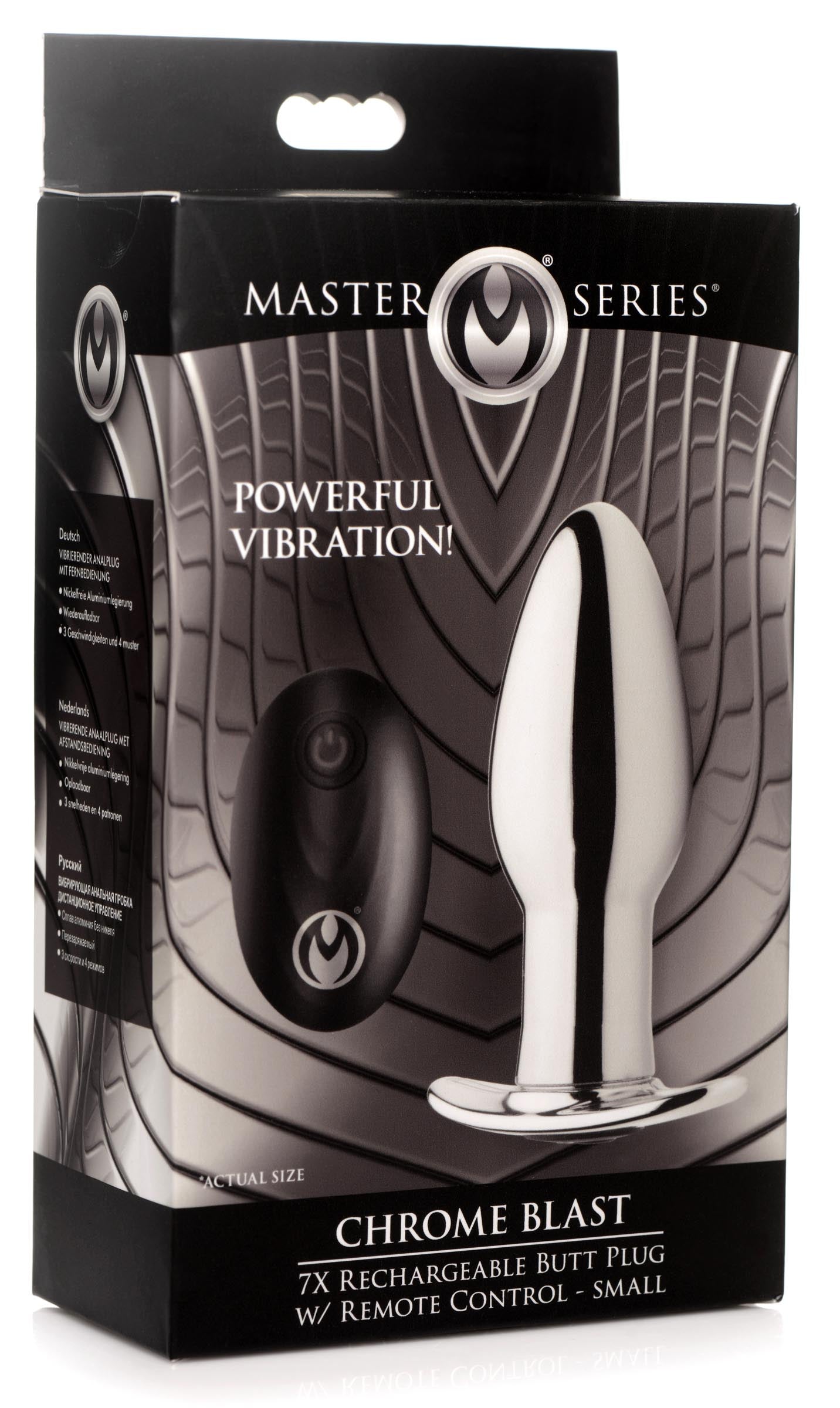 Master Series Chrome Blast 7X Rechargeable Butt Plug with Remote Control - Small Grey
