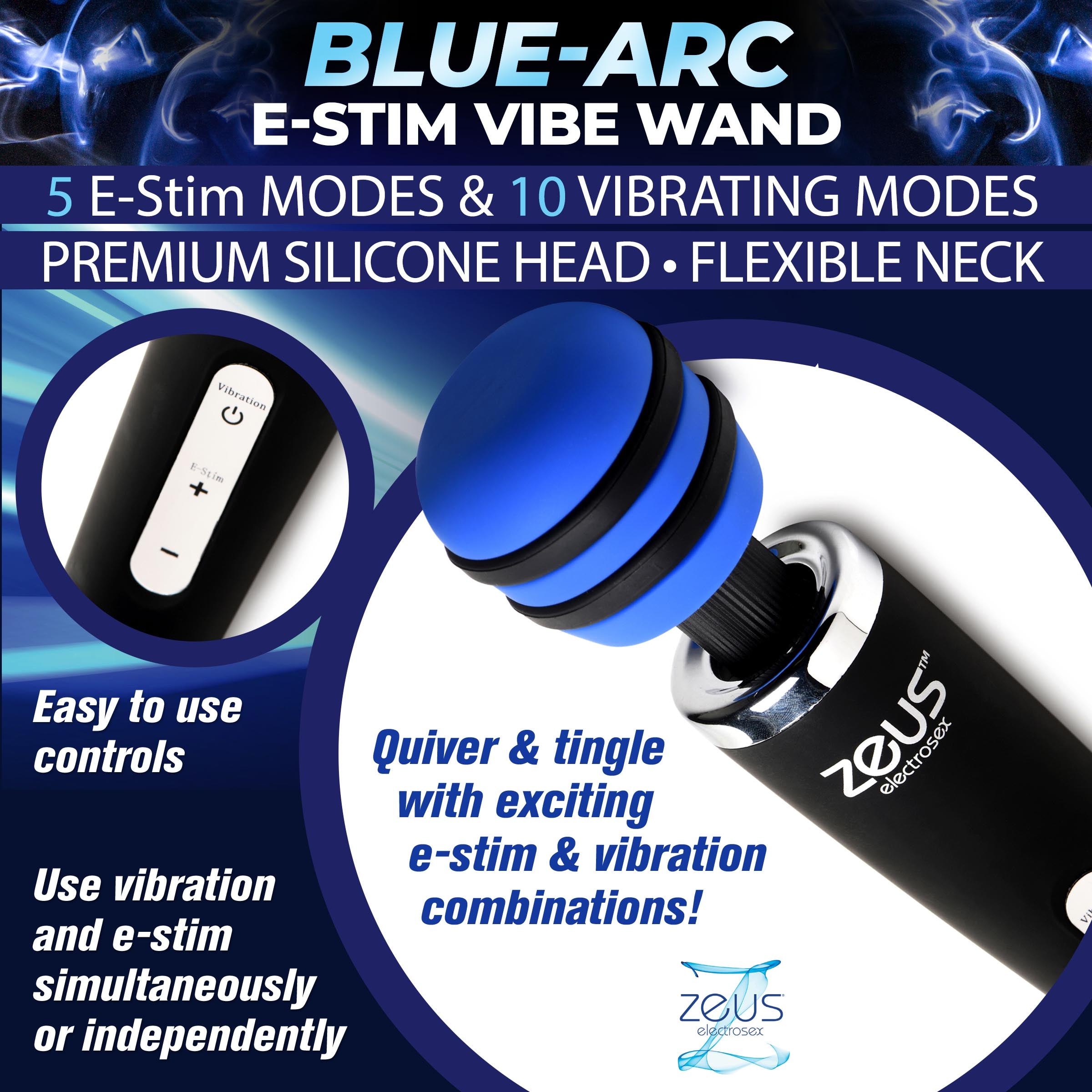 Zeus Electrosex Blue-Arc E-Stim Vibrating Wand Black