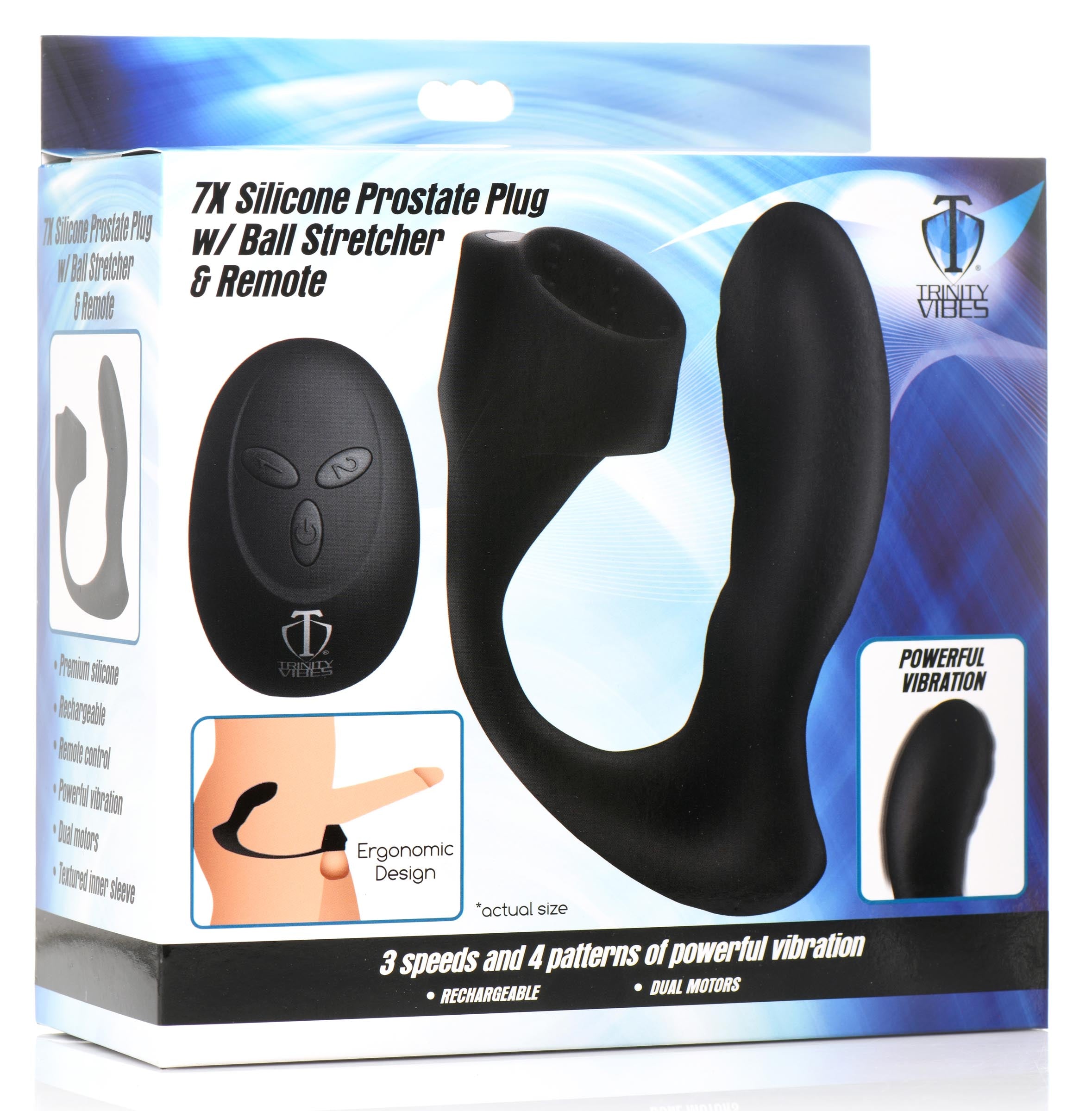 Trinity Men 7X Silicone Prostate Plug with Ball Stretcher and Remote Black