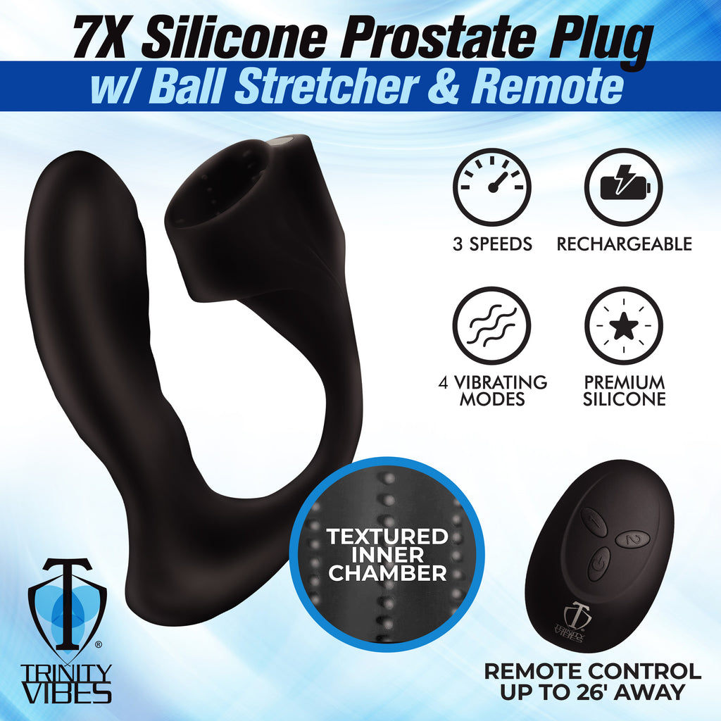 Trinity Men 7X Silicone Prostate Plug with Ball Stretcher and Remote Black