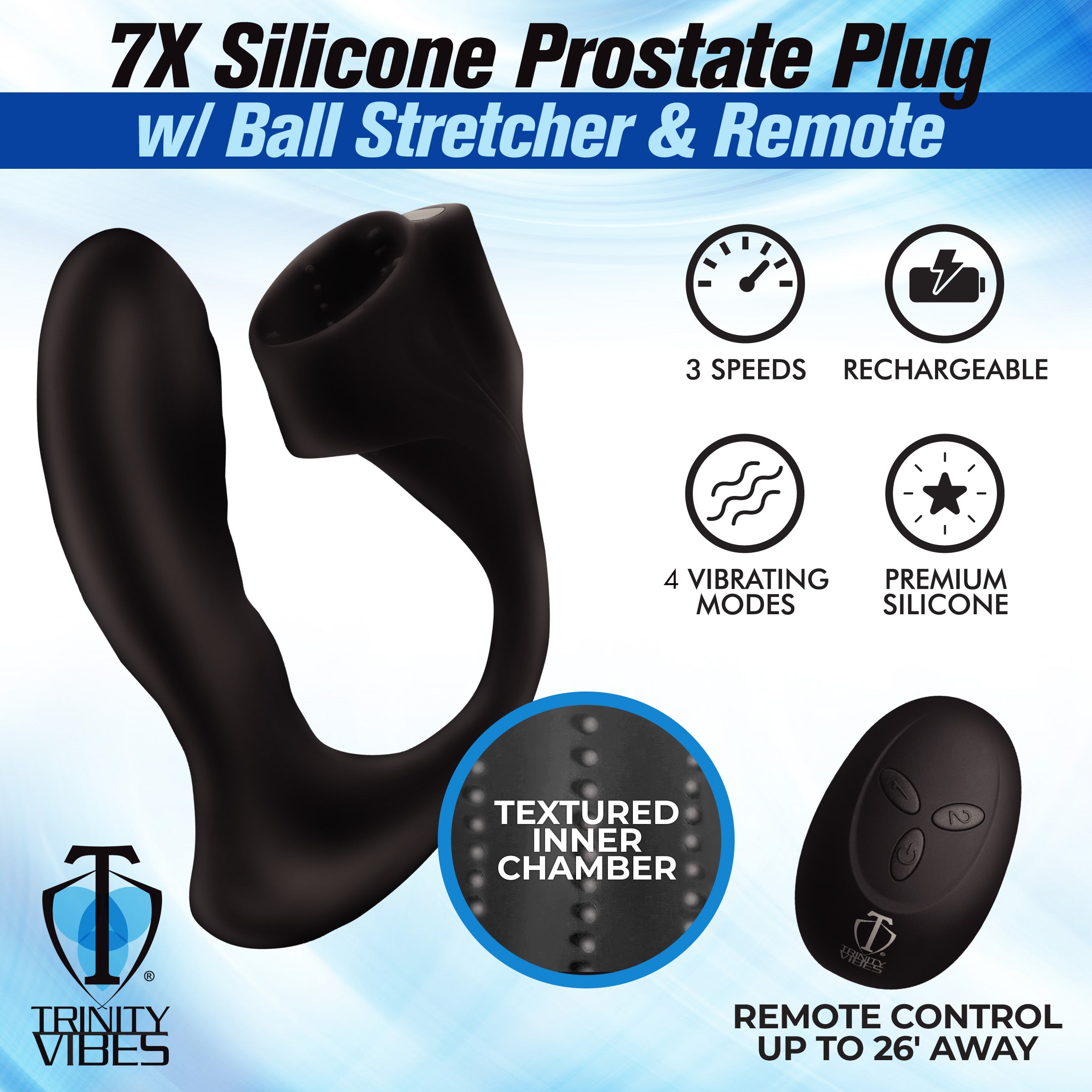 Trinity Men 7X Silicone Prostate Plug with Ball Stretcher and Remote Black