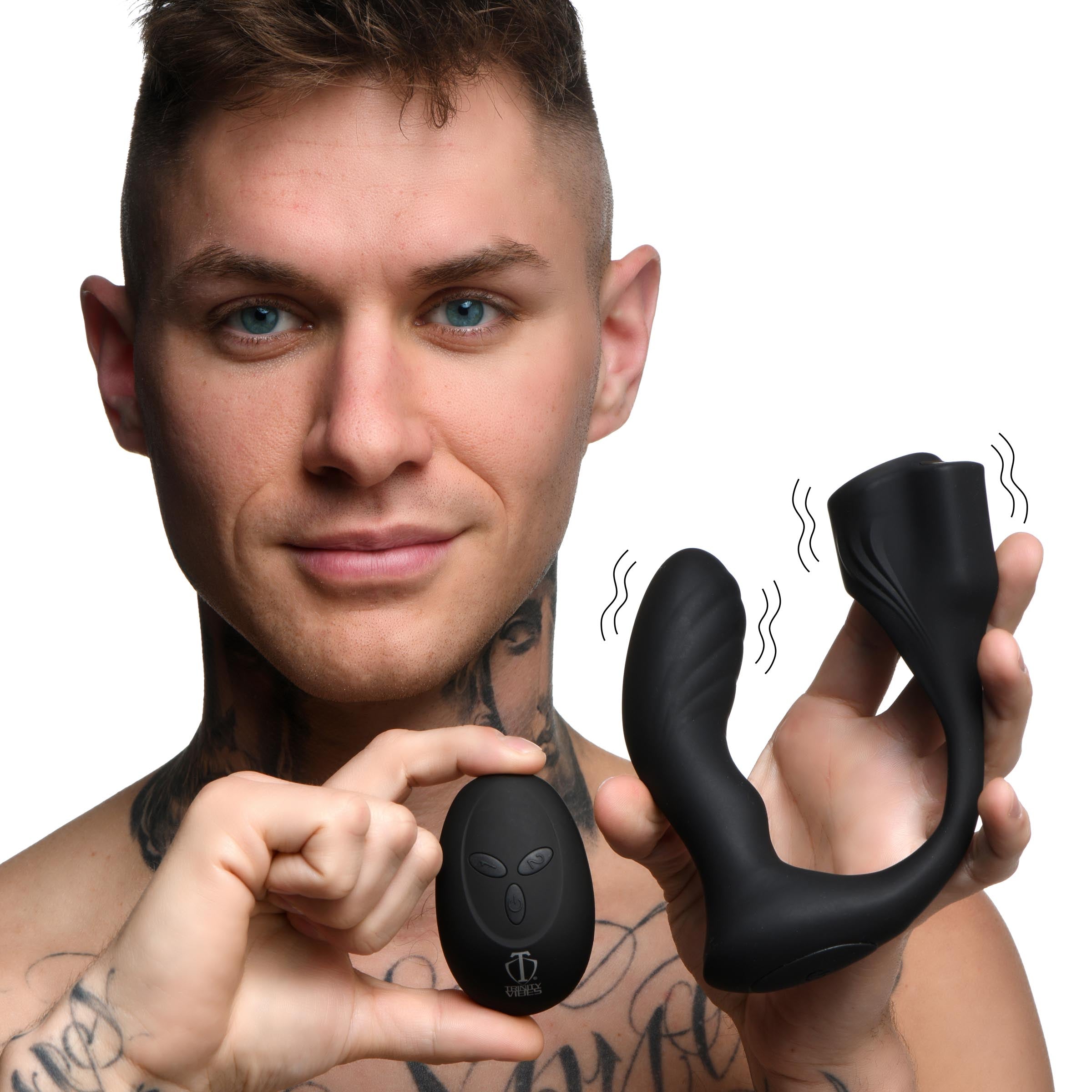 Trinity Men 7X Silicone Prostate Plug with Ball Stretcher and Remote Black