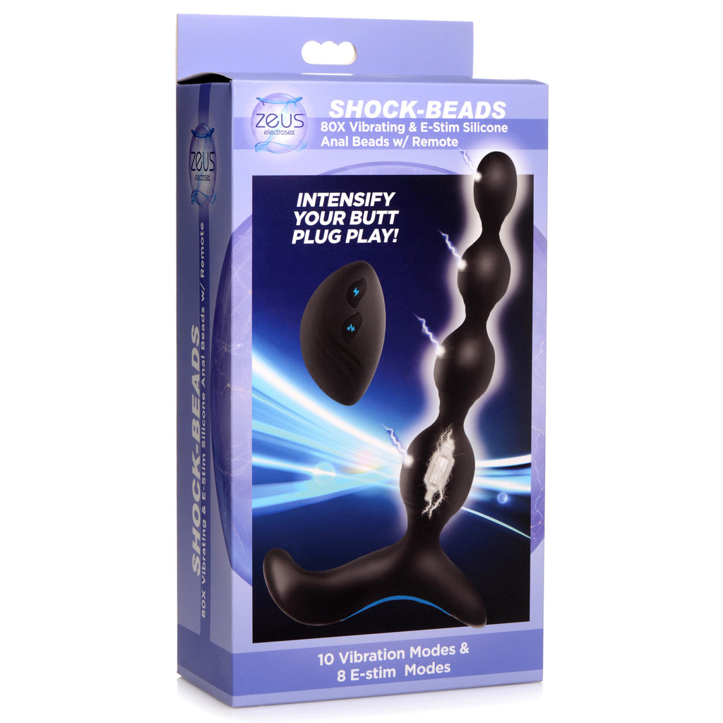 Zeus Electrosex Shock-Beads 80X Vibrating & E-stim Silicone Anal Beads with Remote Black