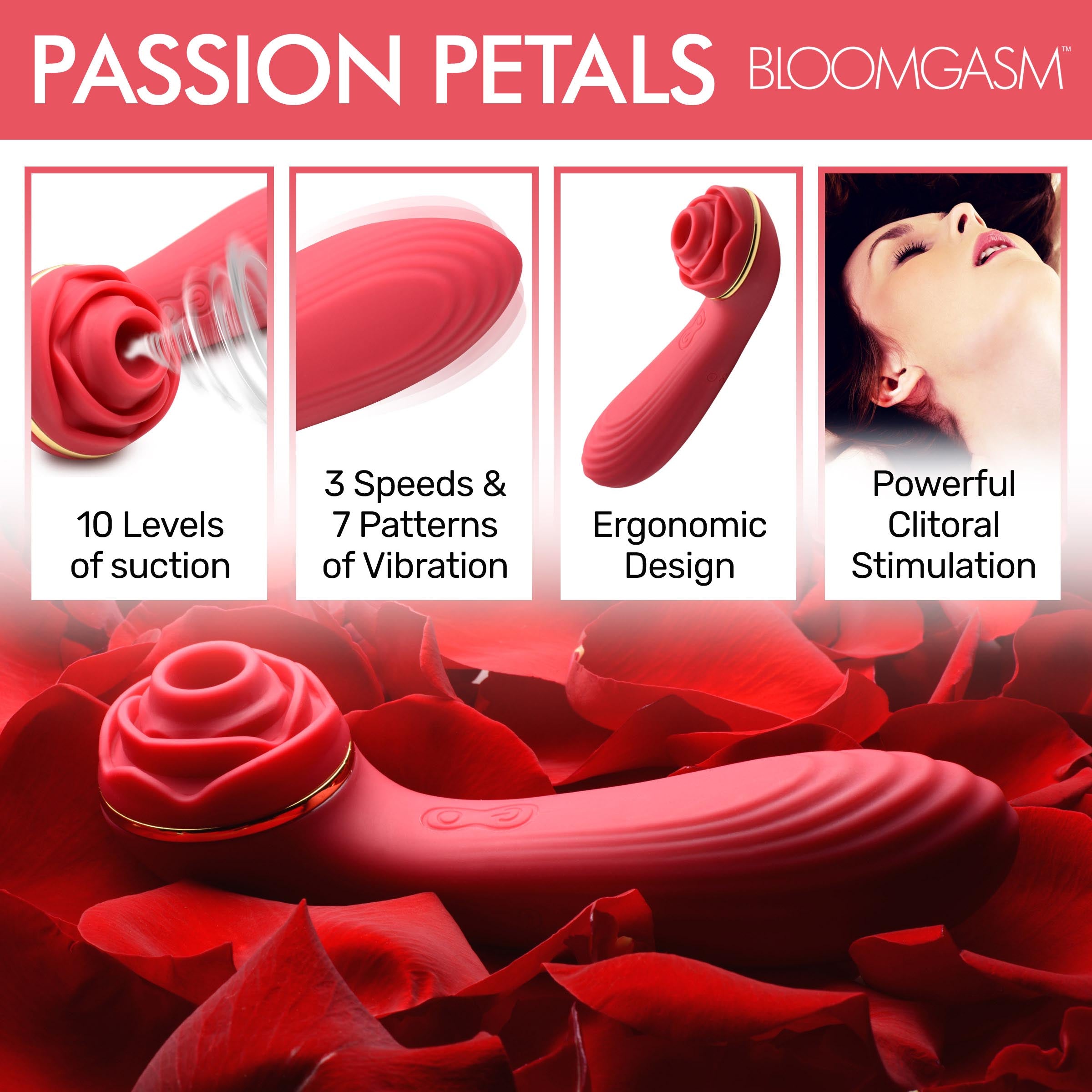 Bloomgasm Passion Petals 10X Silicone Suction Rose Vibrator - Red Red
