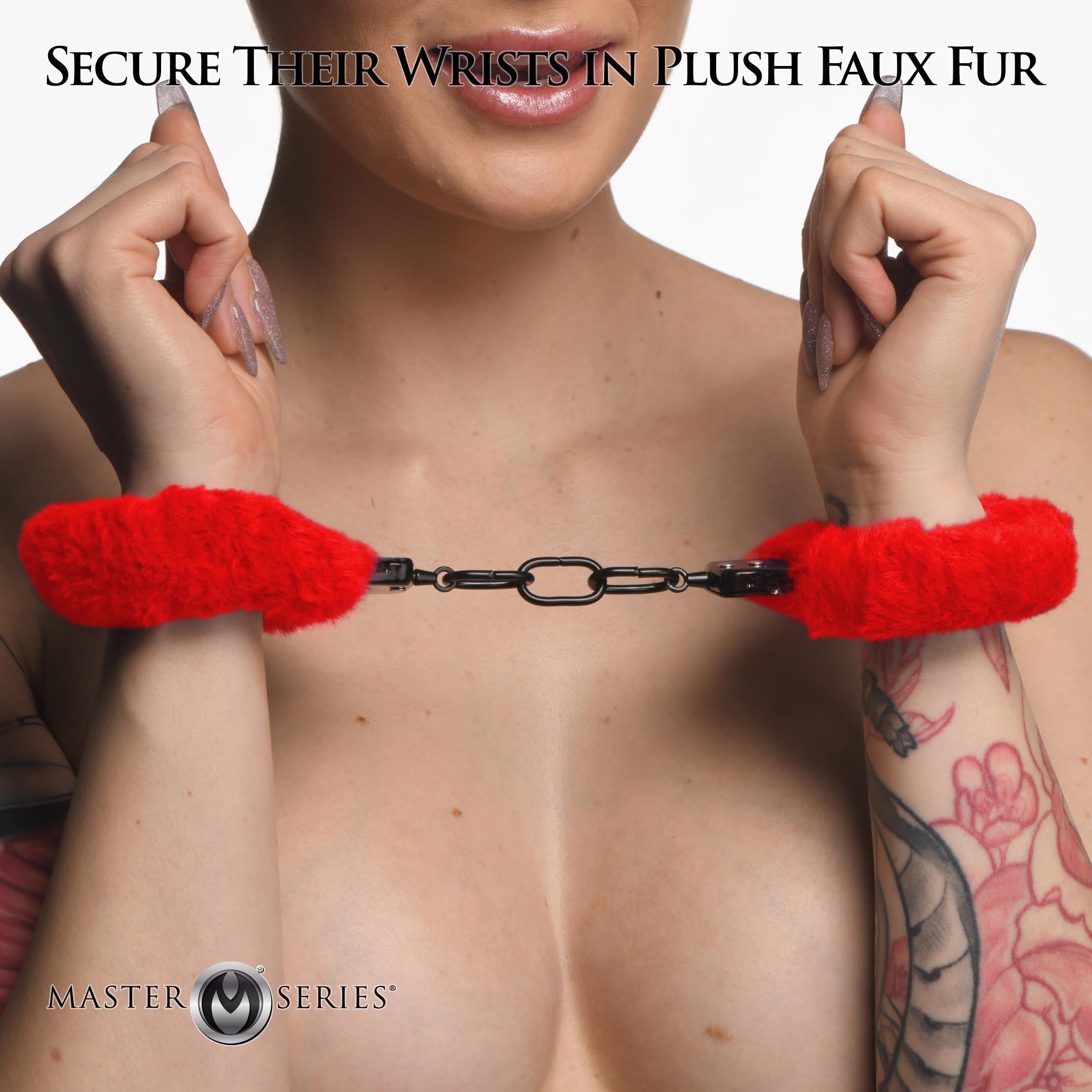 Master Series Cuffed In Fur Furry Handcuffs - Black Red